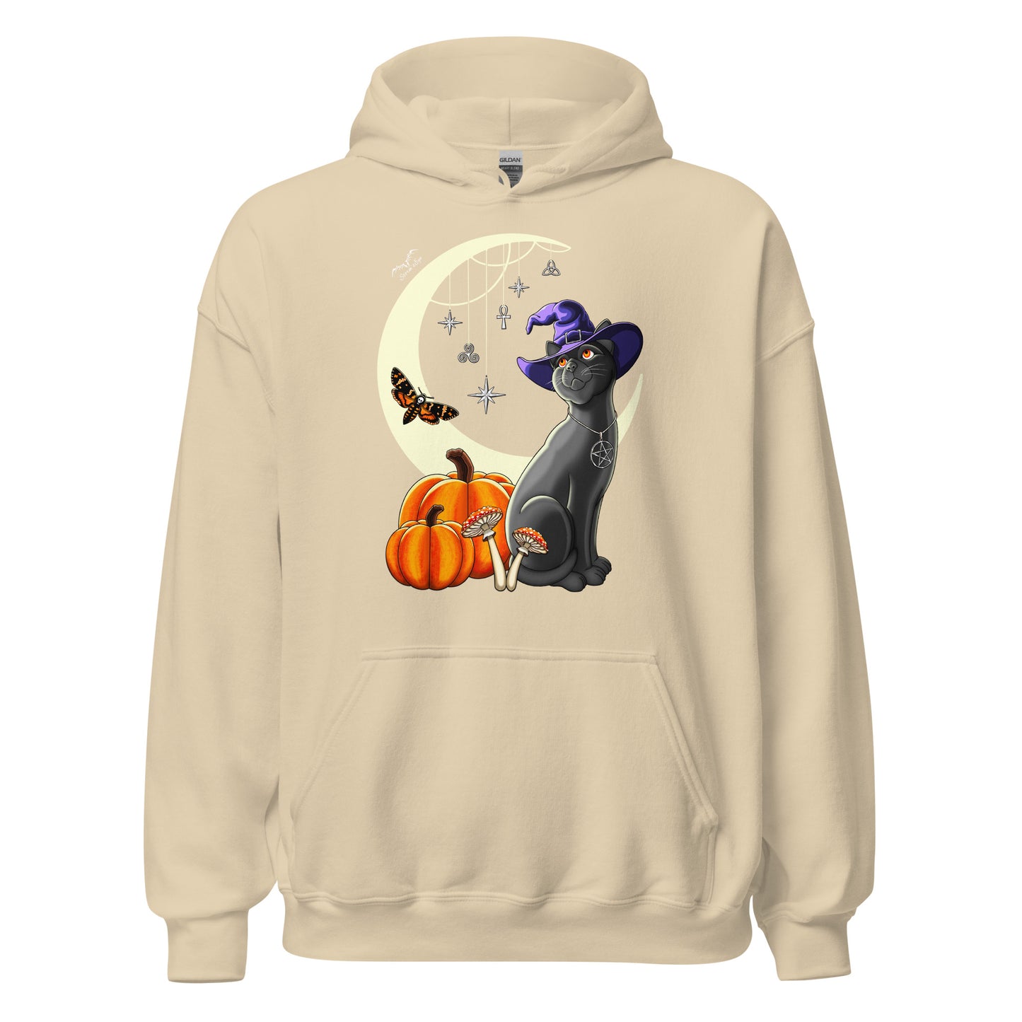 stormseye design witch’s cat halloween hoodie flat view cream
