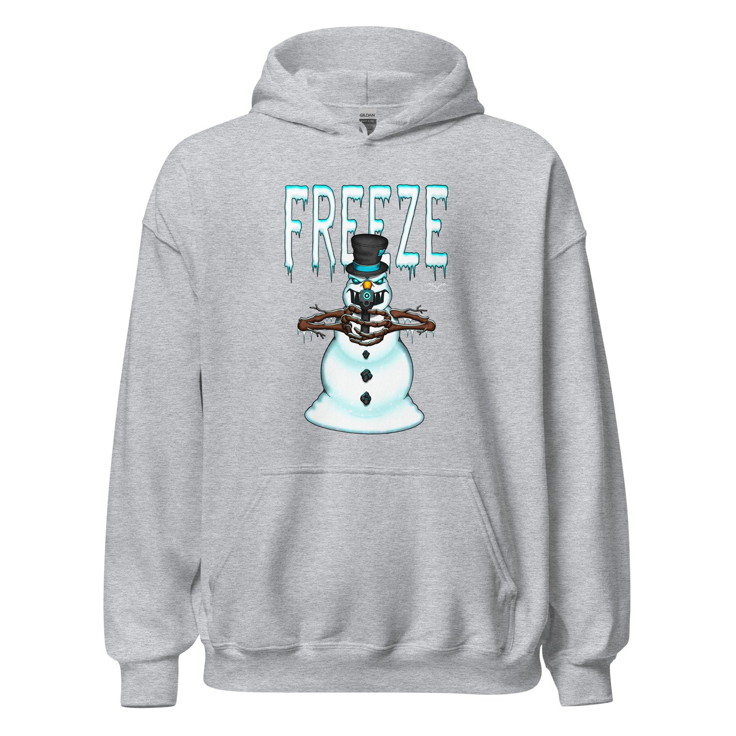 stormseye design mr freeze christmas hoodie flat view sport grey