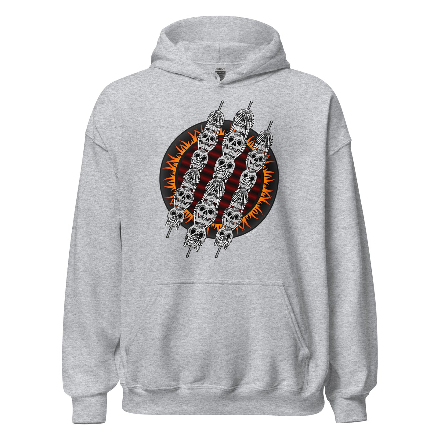 stormseye design skewer skulls BBQ hoodie flat view sport grey