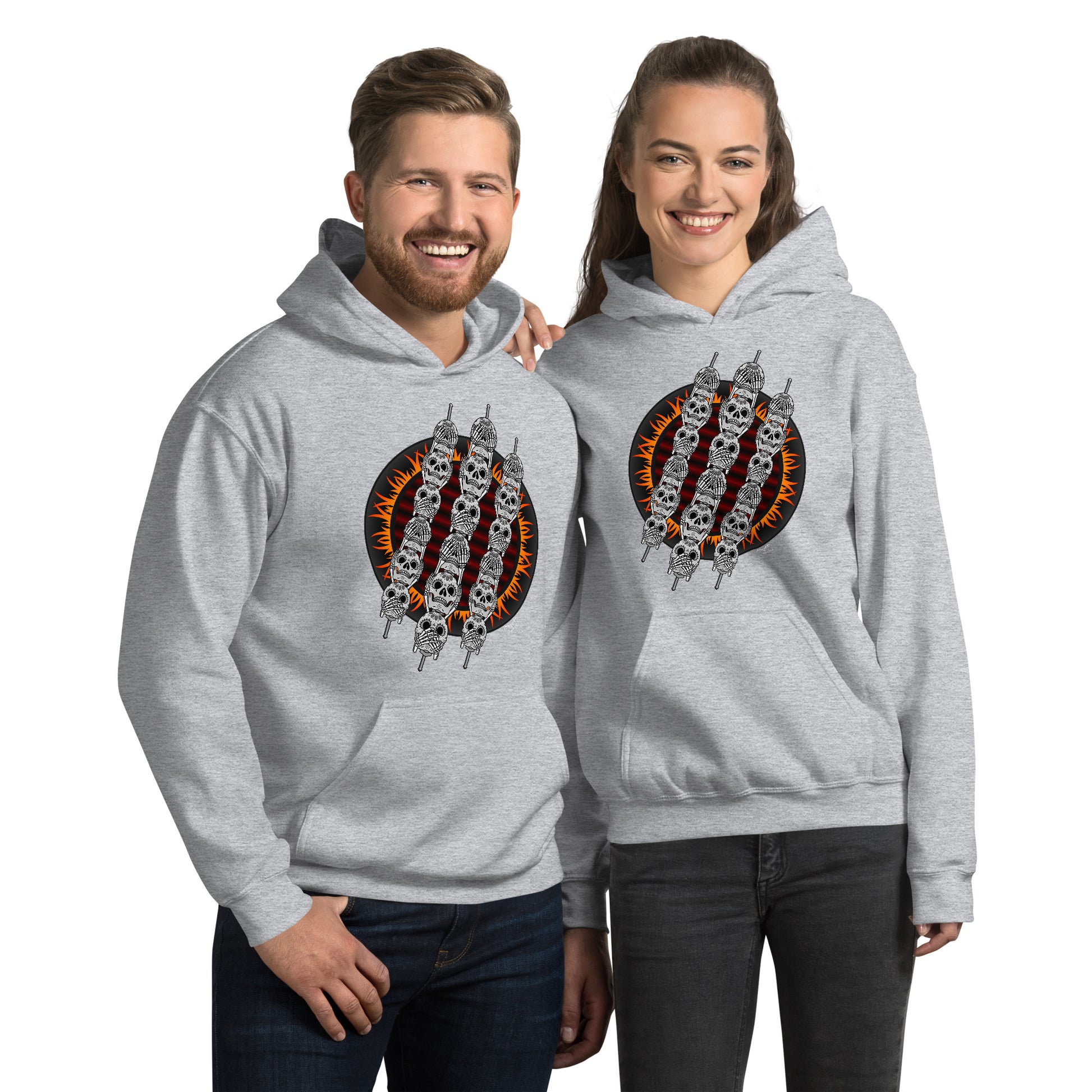 stormseye design skewer skulls BBQ hoodie modelled view sport grey