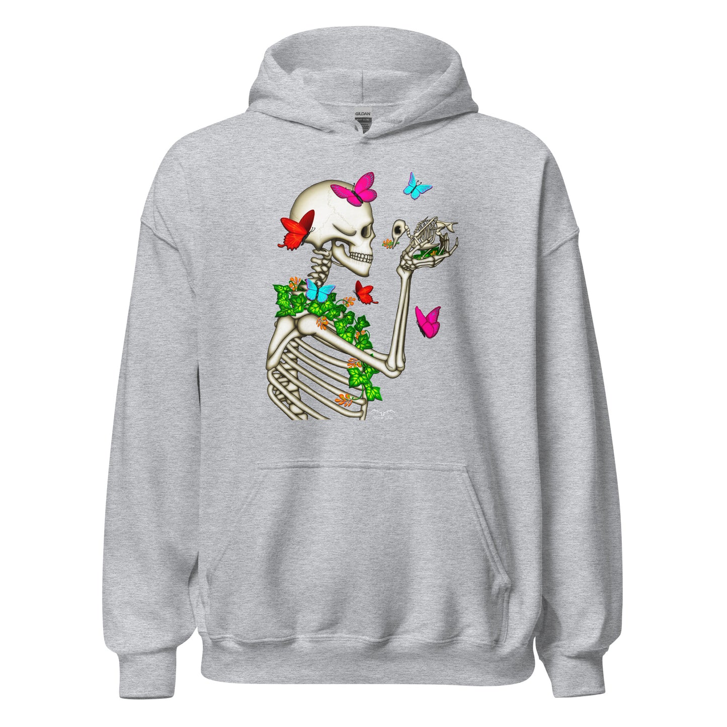 stormseye design skeleton and bird hoodie flat view sport grey