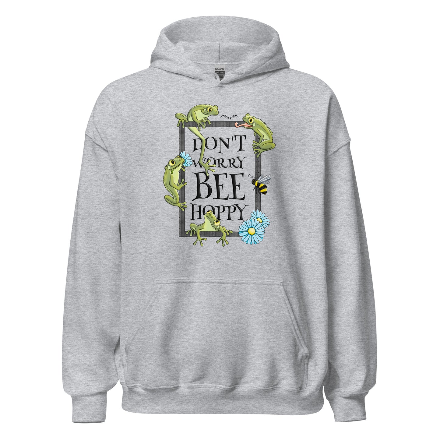 stormseye design bee happy frog hoodie flat view sports grey