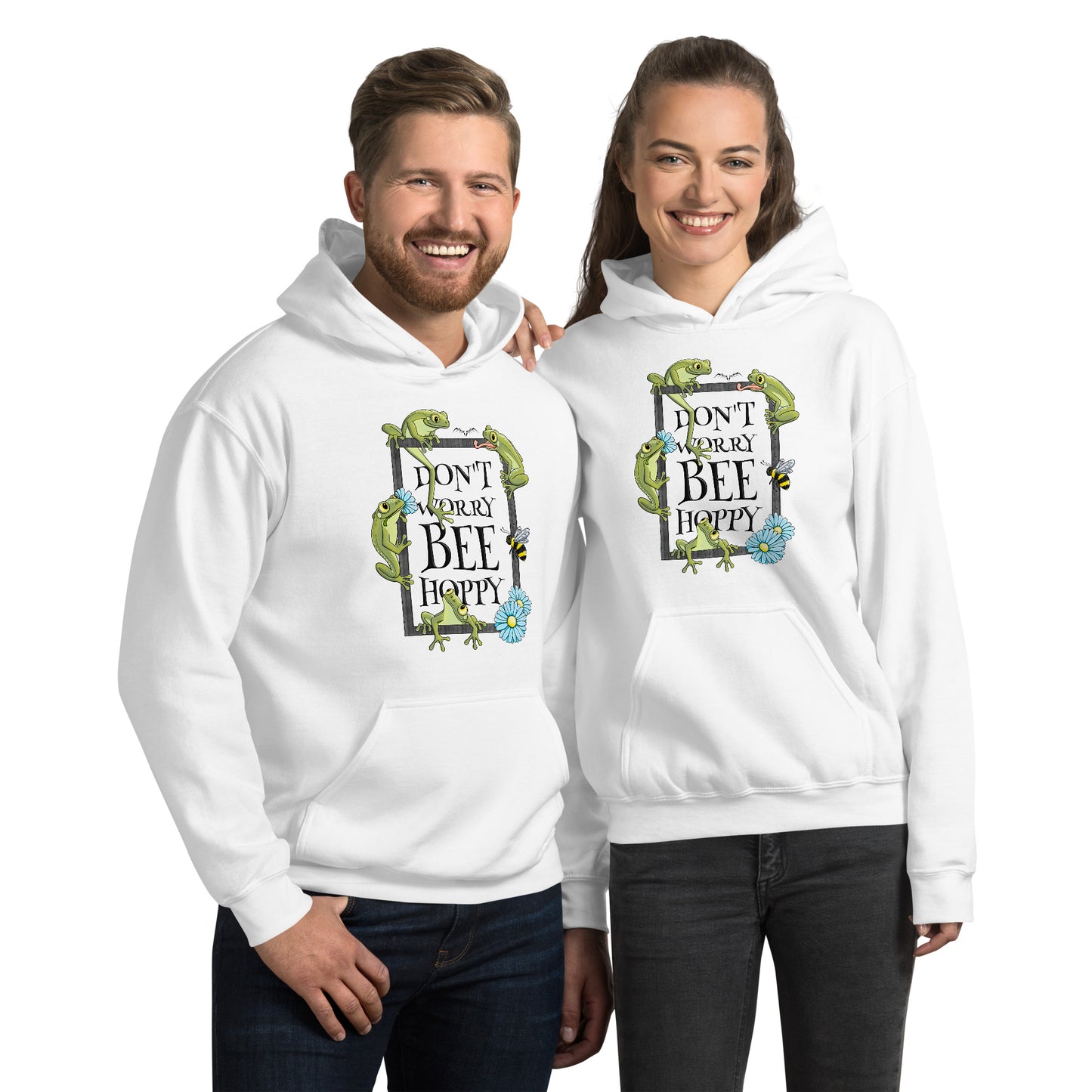 stormseye design bee happy frog hoodie modelled view white