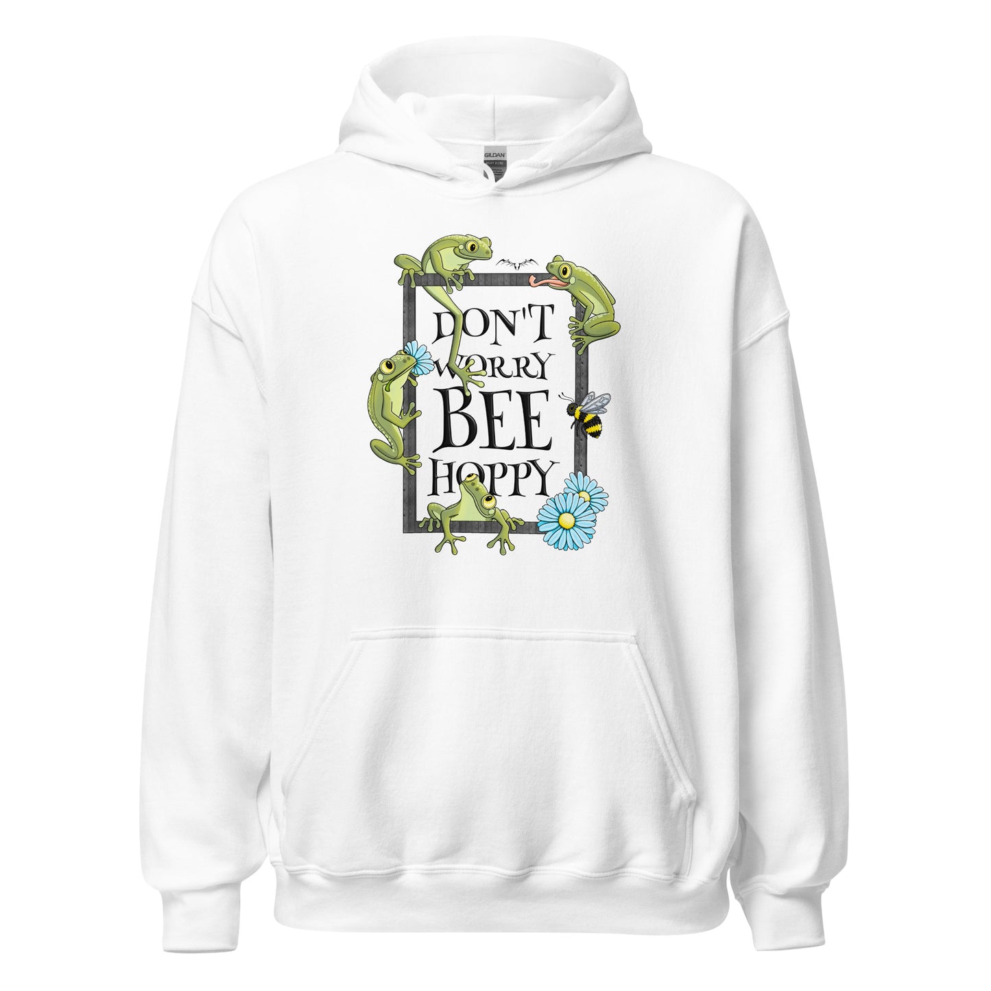 stormseye design bee happy frog hoodie flat view white