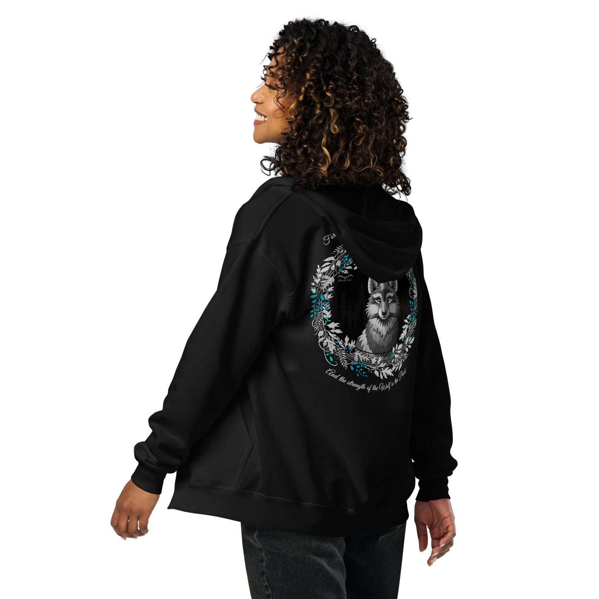 stormseye design silver winter wolf zip hoodie back, black