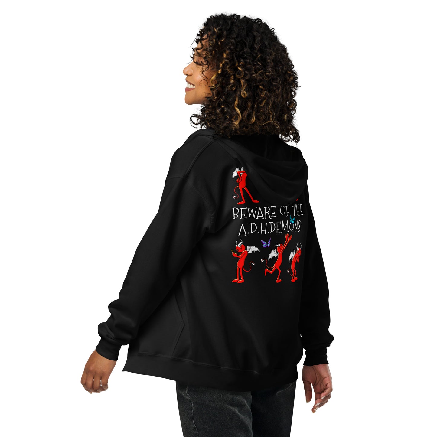 stormseye design ADHD demons zip hoodie, modelled back view, black