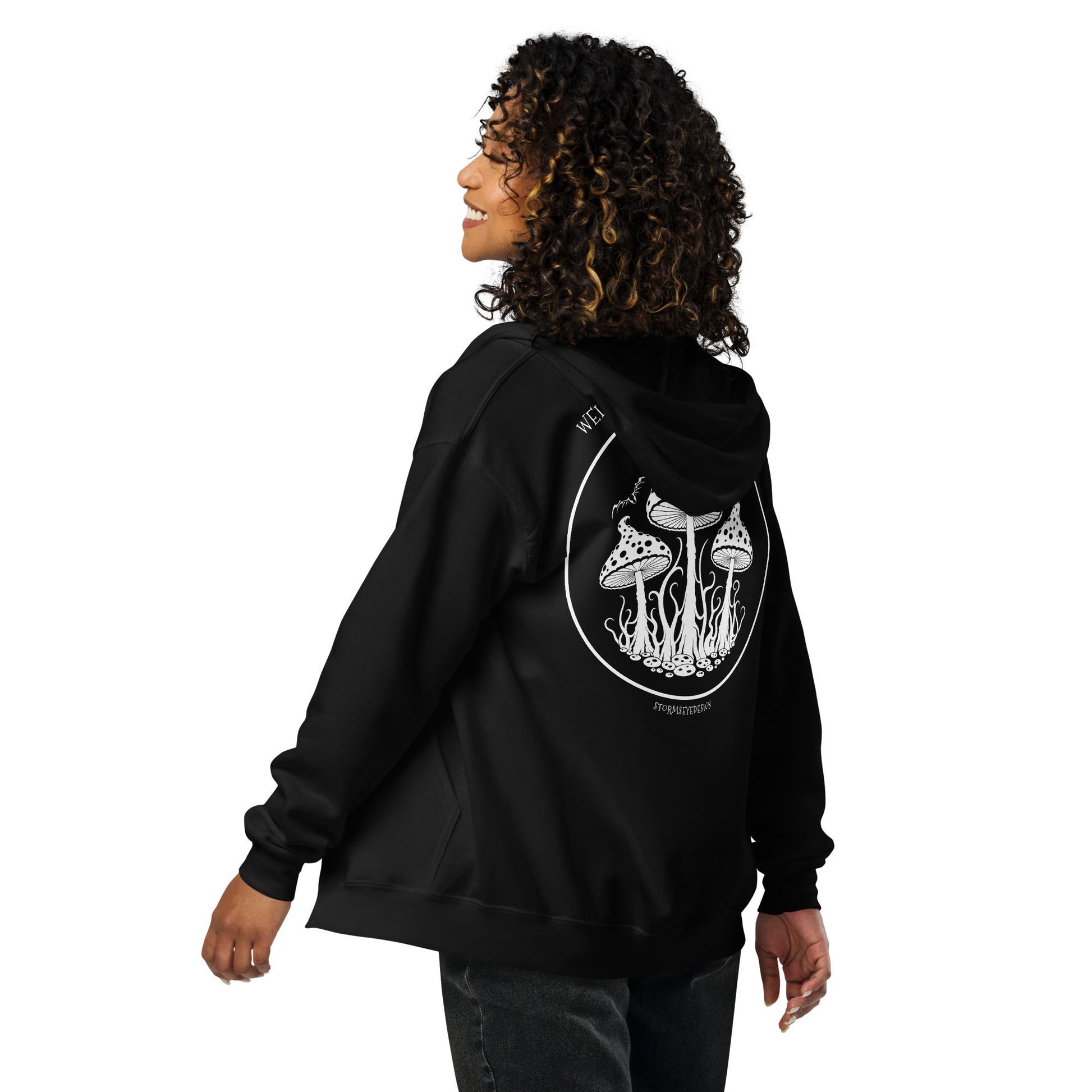 weird, witchy & wonderful back print zip hoodie by stormseye design. Black, modelled view