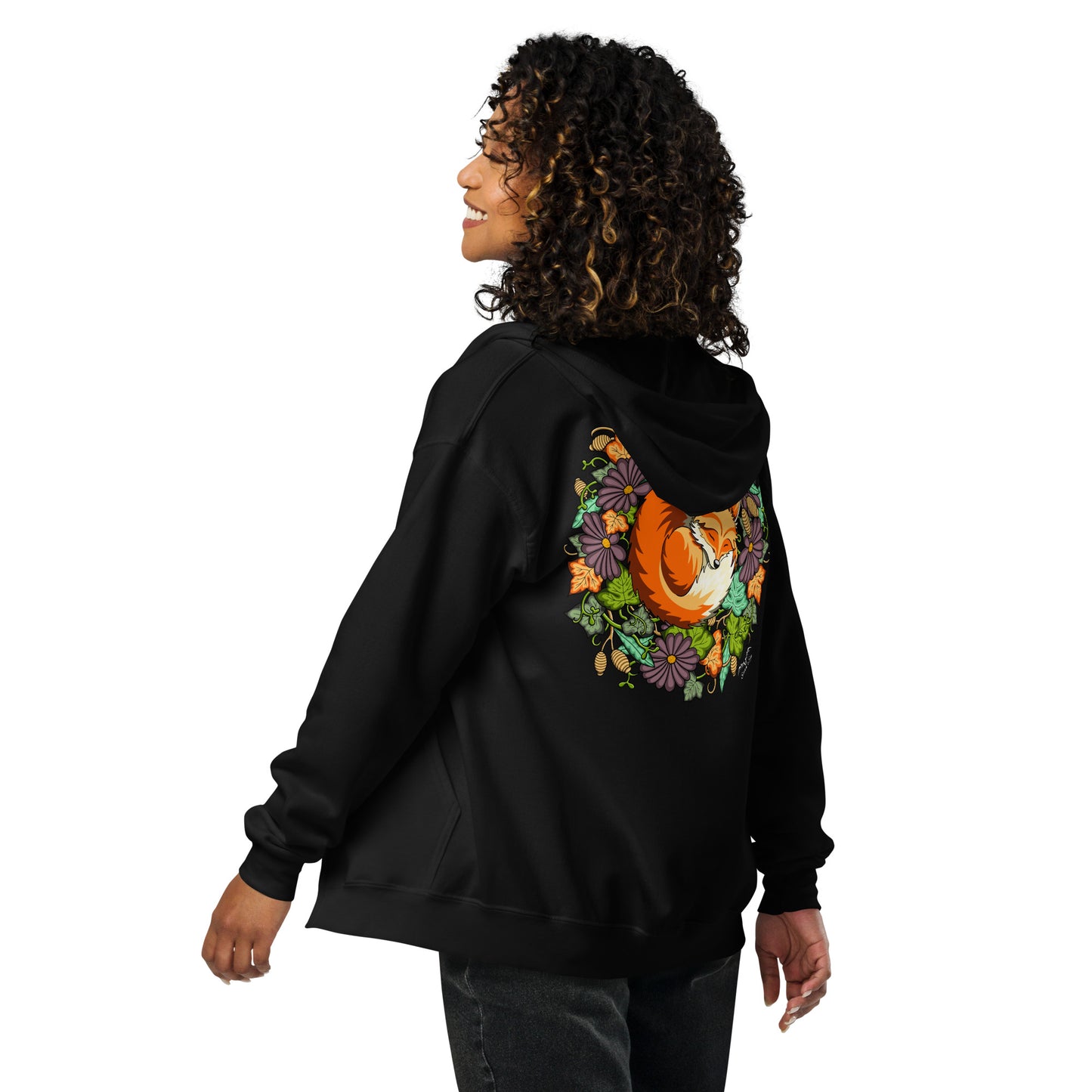 sleeping fox zip hoodie by stormseye design, black, back view