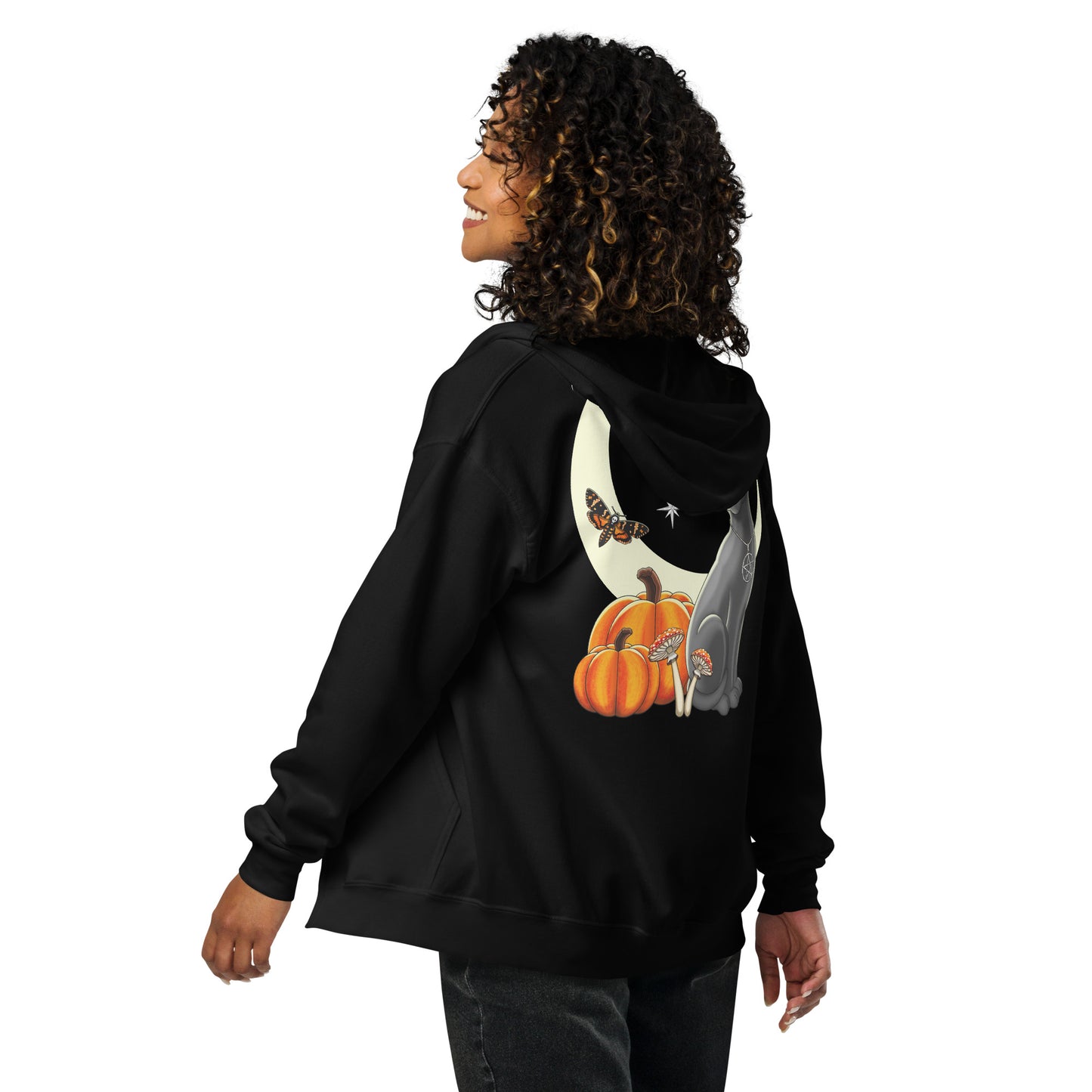 witch's cat back print zip hoodie by stormseye design, black, back view