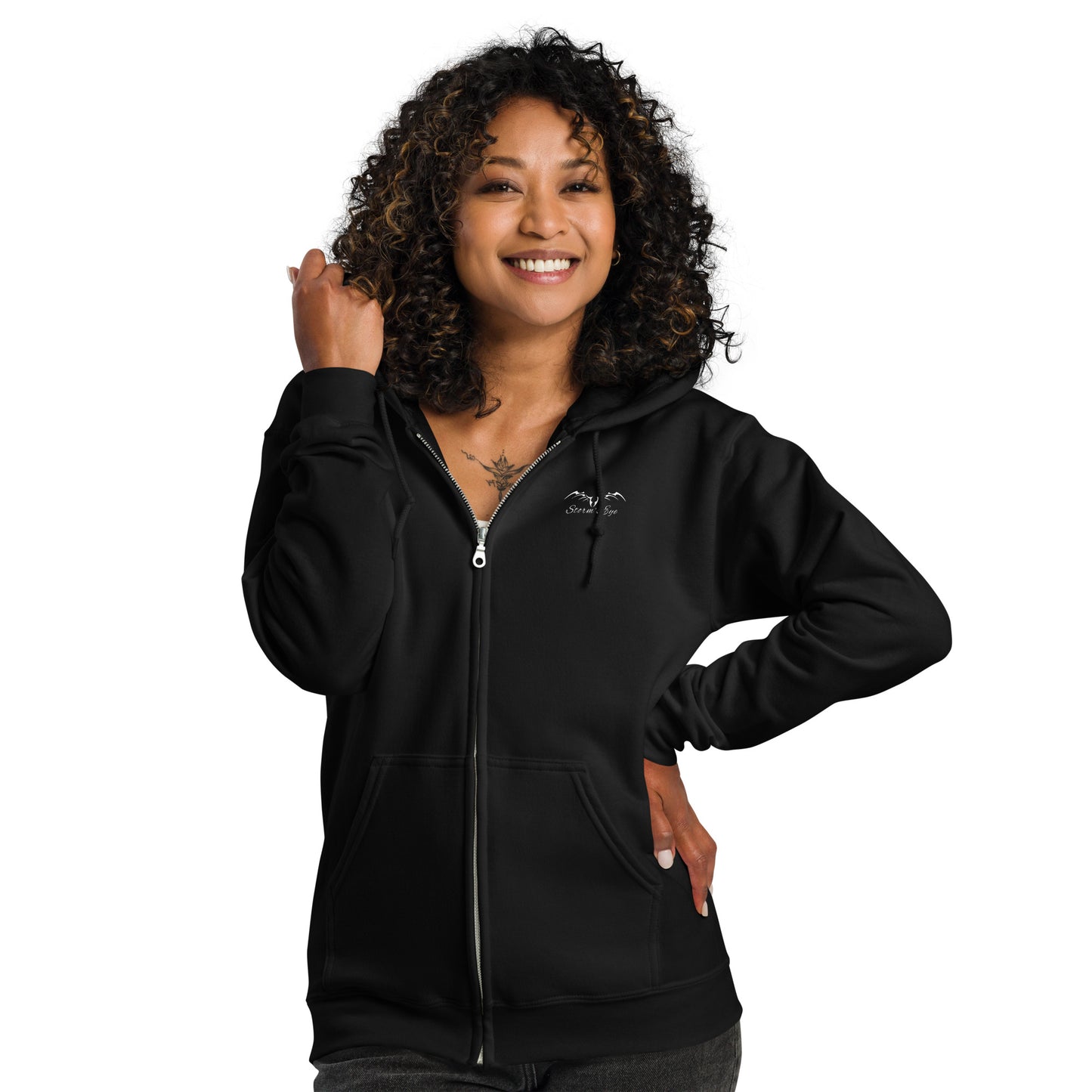 stormseye design mushroom moon back print zip hoodie, modelled front view, black