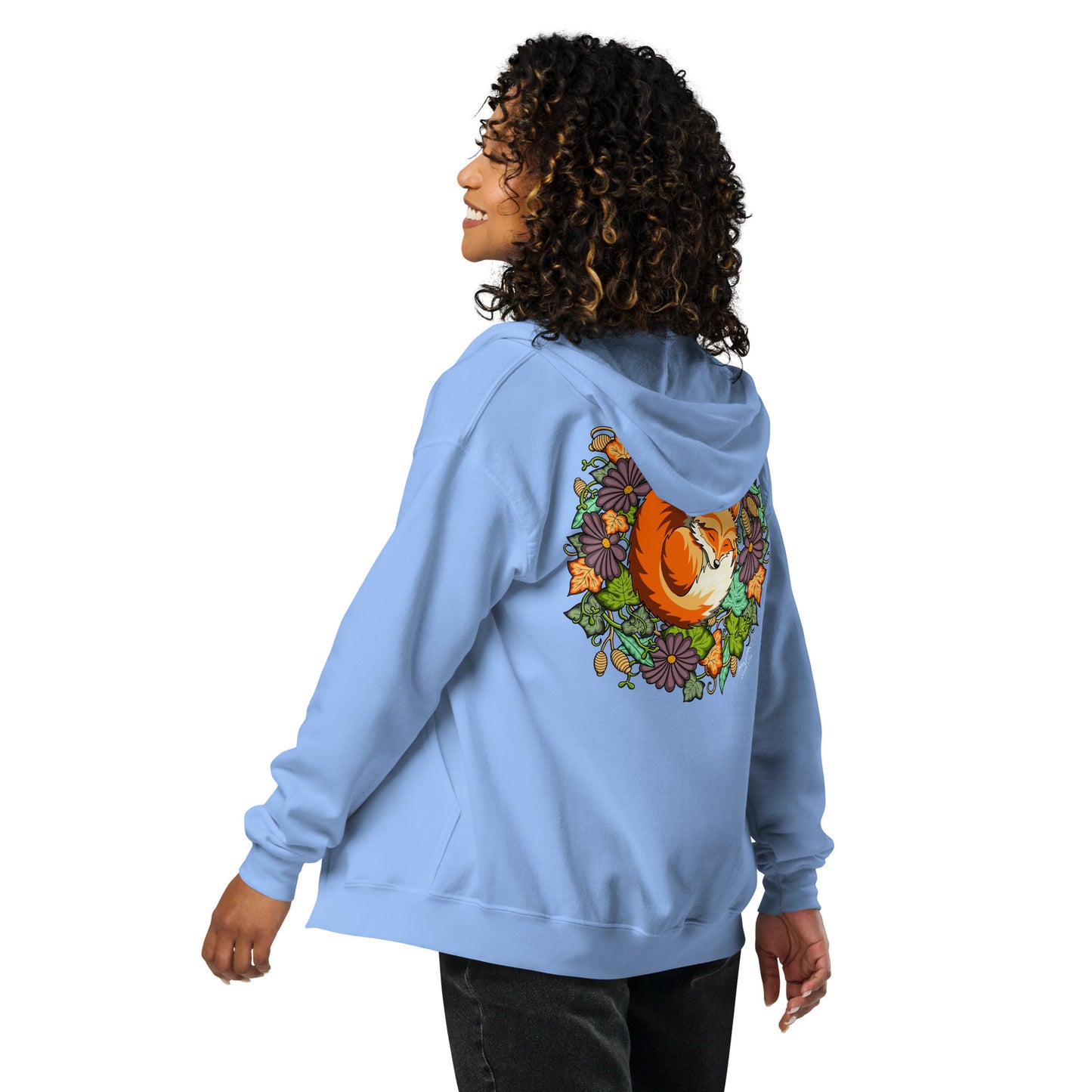 sleeping fox zip hoodie by stormseye design, carolina blue, back view