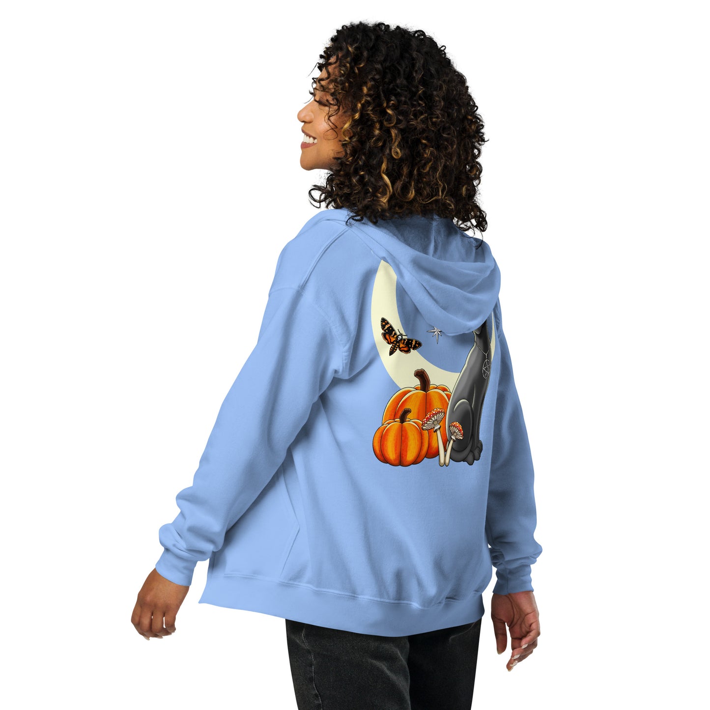 witch's cat back print zip hoodie by stormseye design, carolina blue, back view