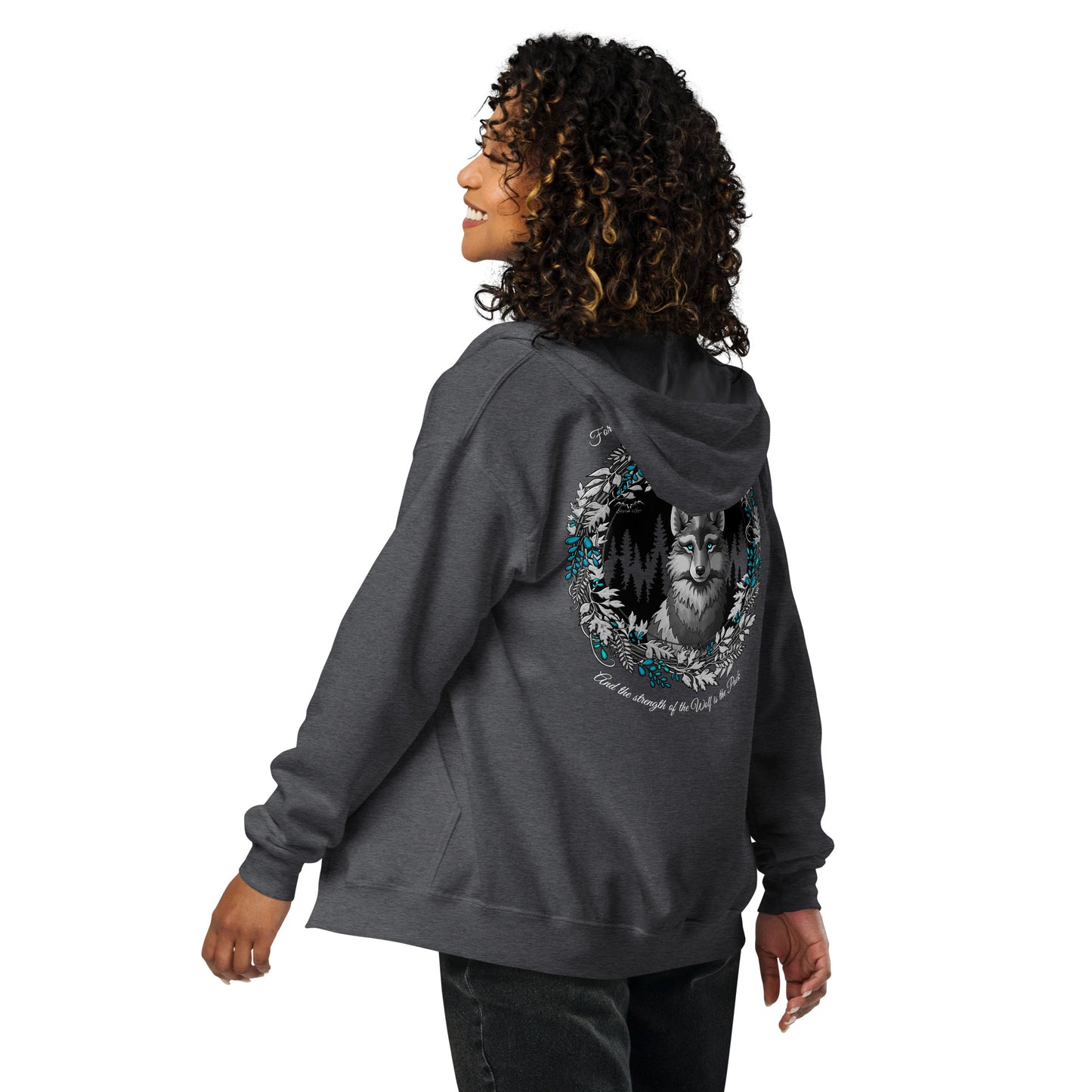 stormseye design silver winter wolf zip hoodie back, grey