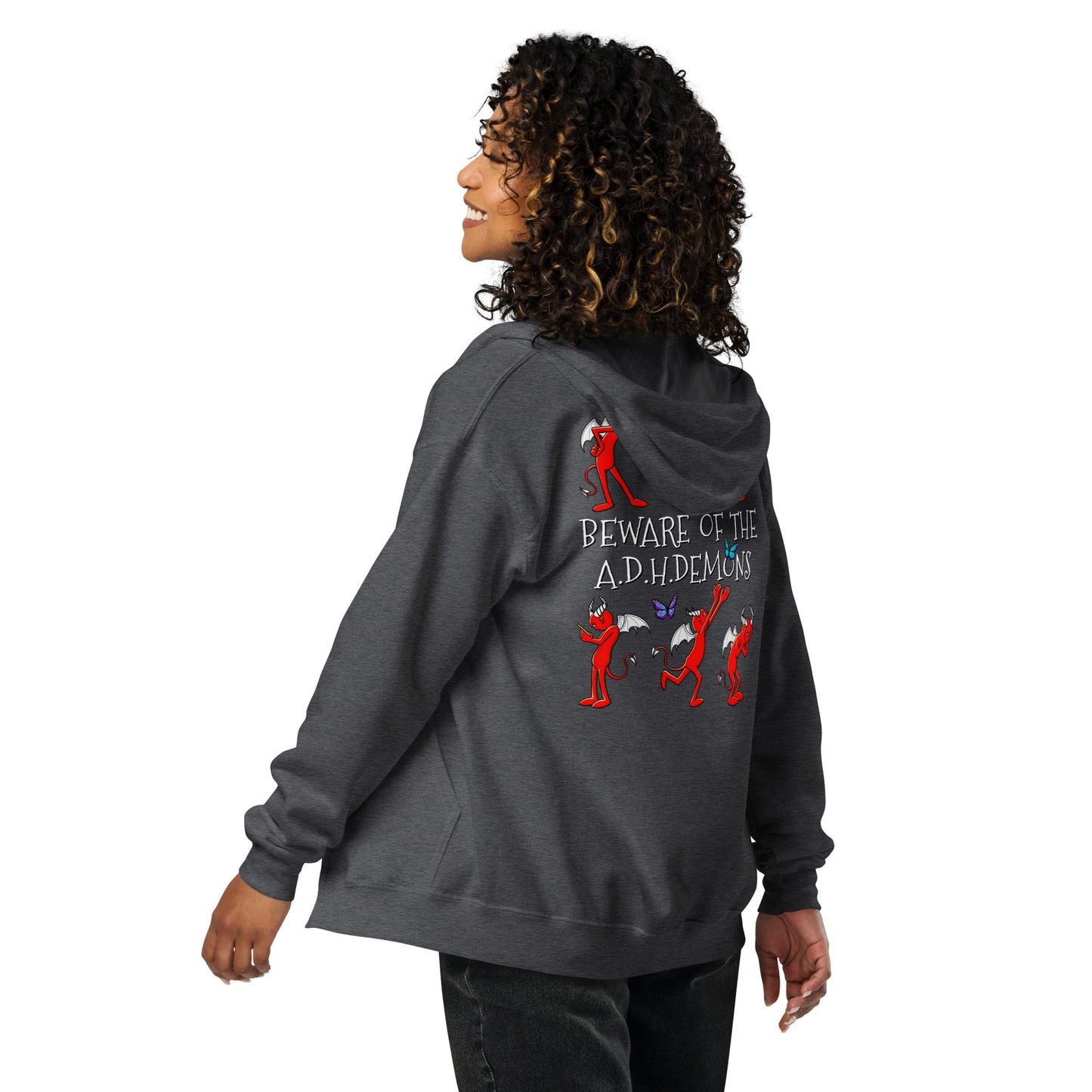 stormseye design ADHD demons zip hoodie, modelled back view, dark heather
