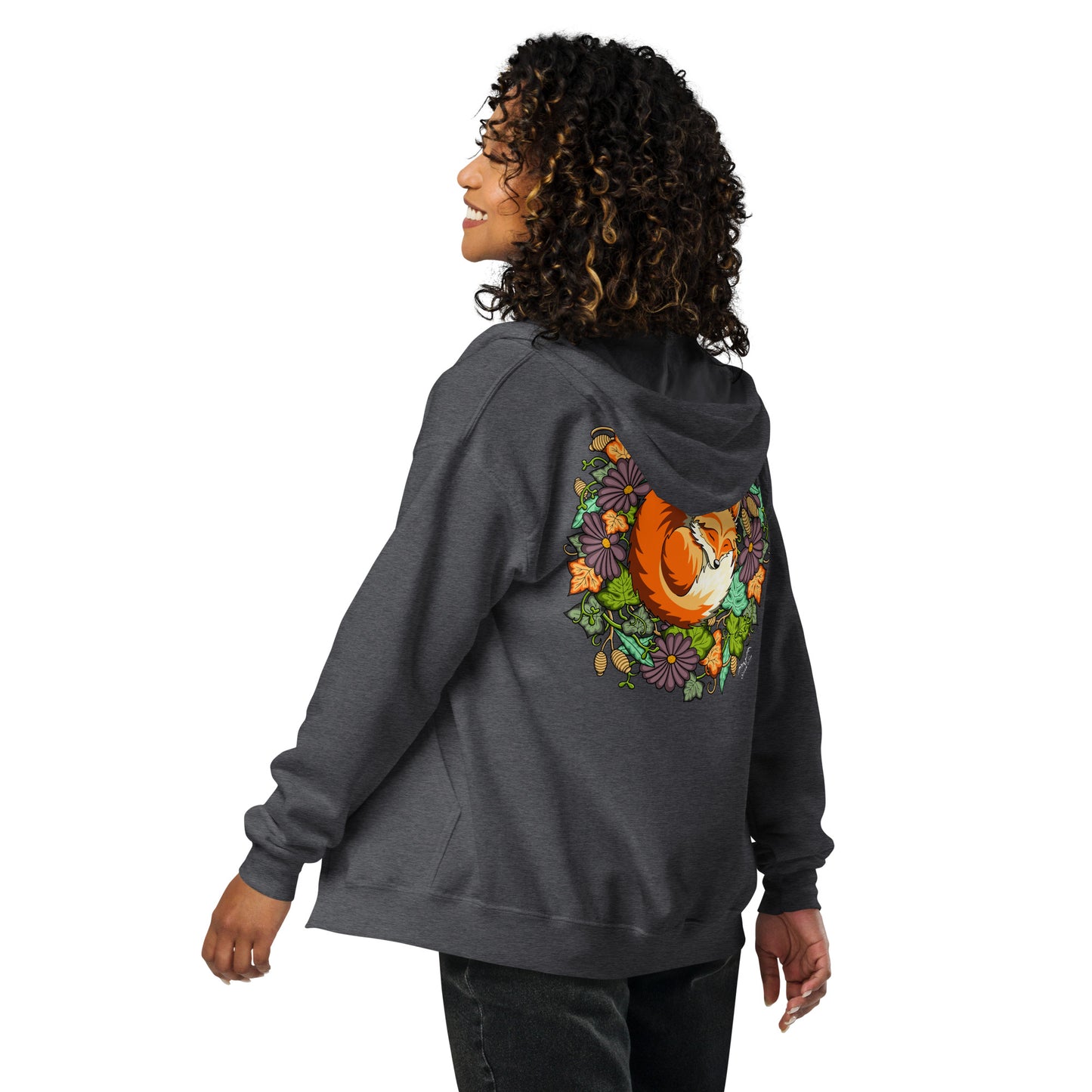 sleeping fox zip hoodie by stormseye design, dark heather, back view