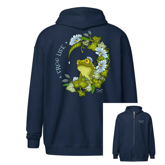 stormseye design frog life back print hoodie flat view navy blue