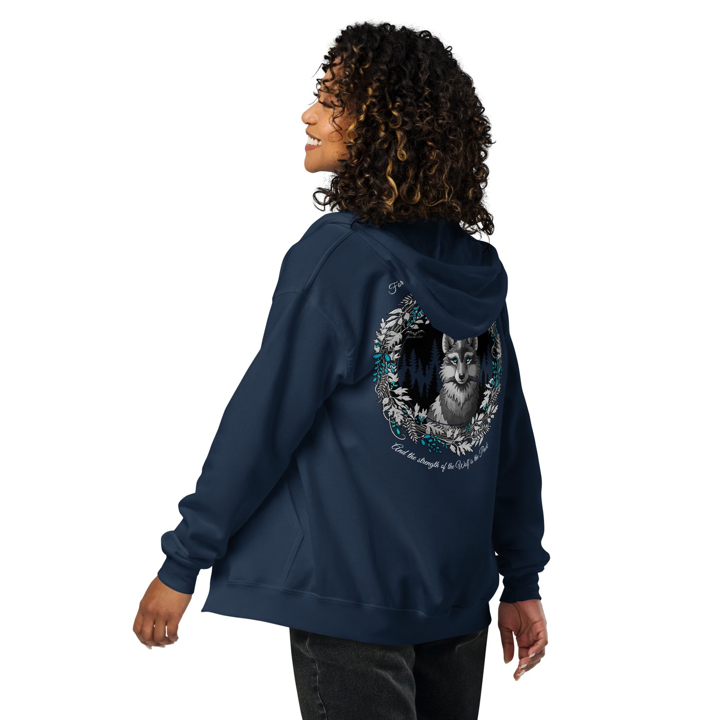 stormseye design silver winter wolf zip hoodie back, navy
