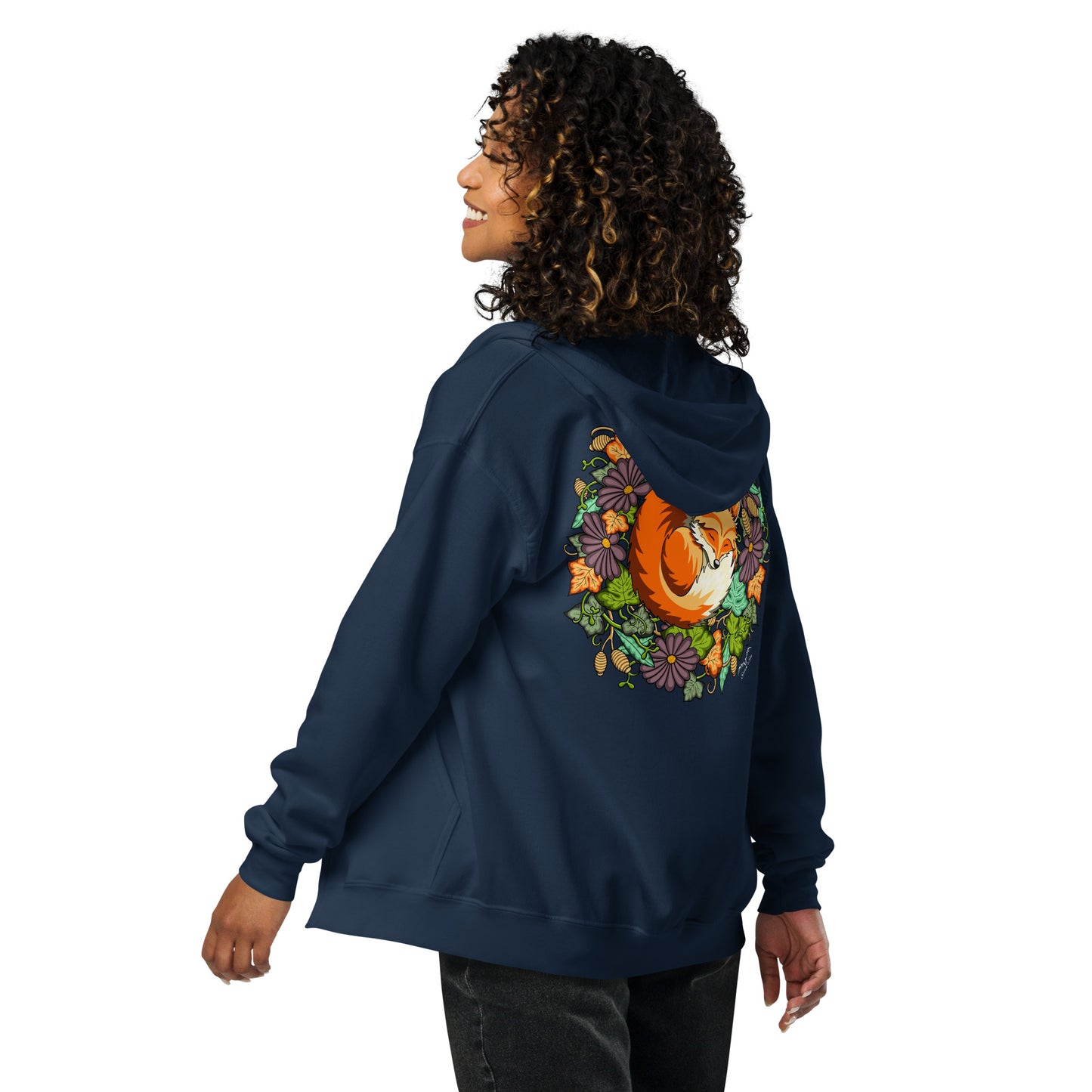 sleeping fox zip hoodie by stormseye design, navy, back view
