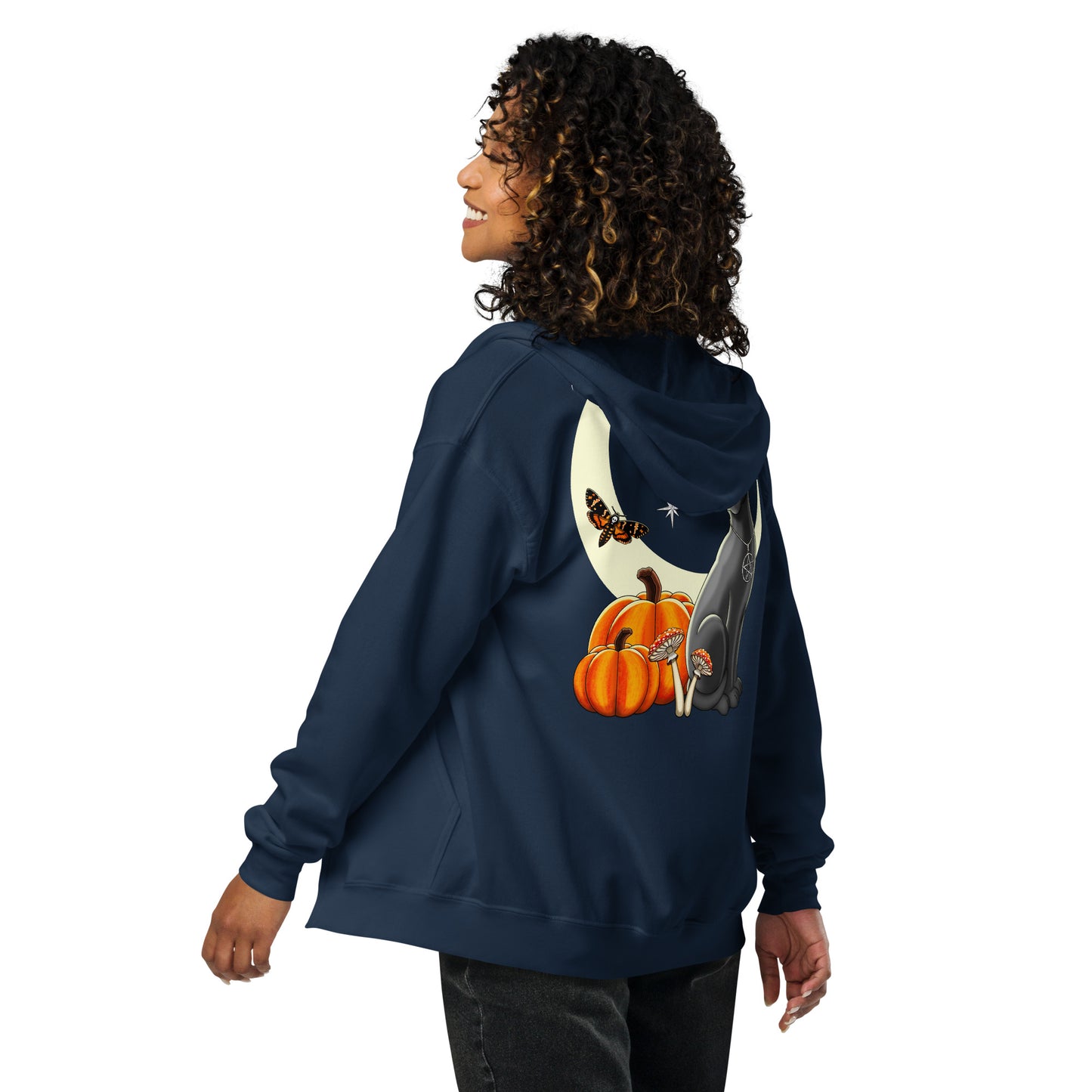 witch's cat back print zip hoodie by stormseye design, navy blue, back view