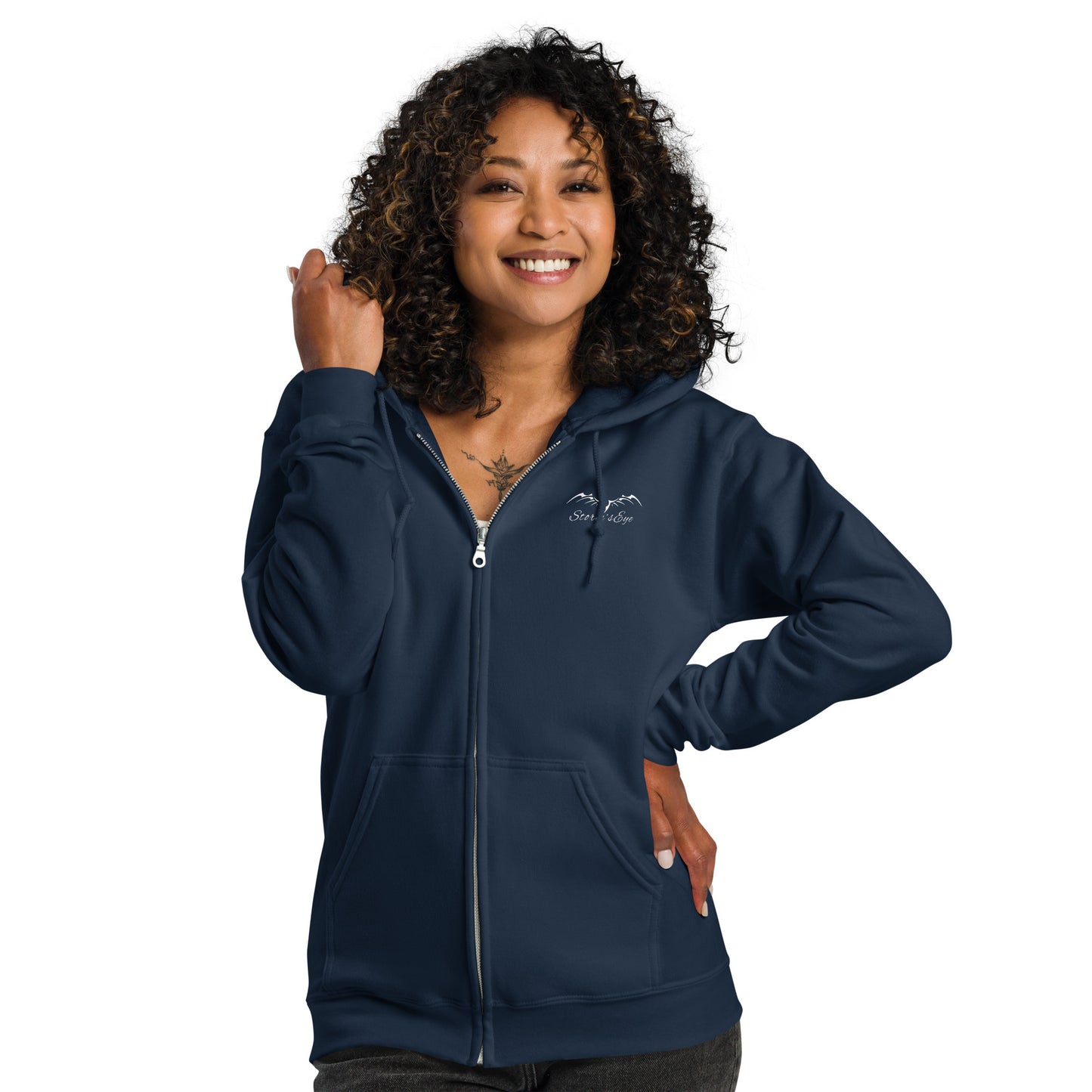 stormseye design silver winter wolf zip hoodie front, navy