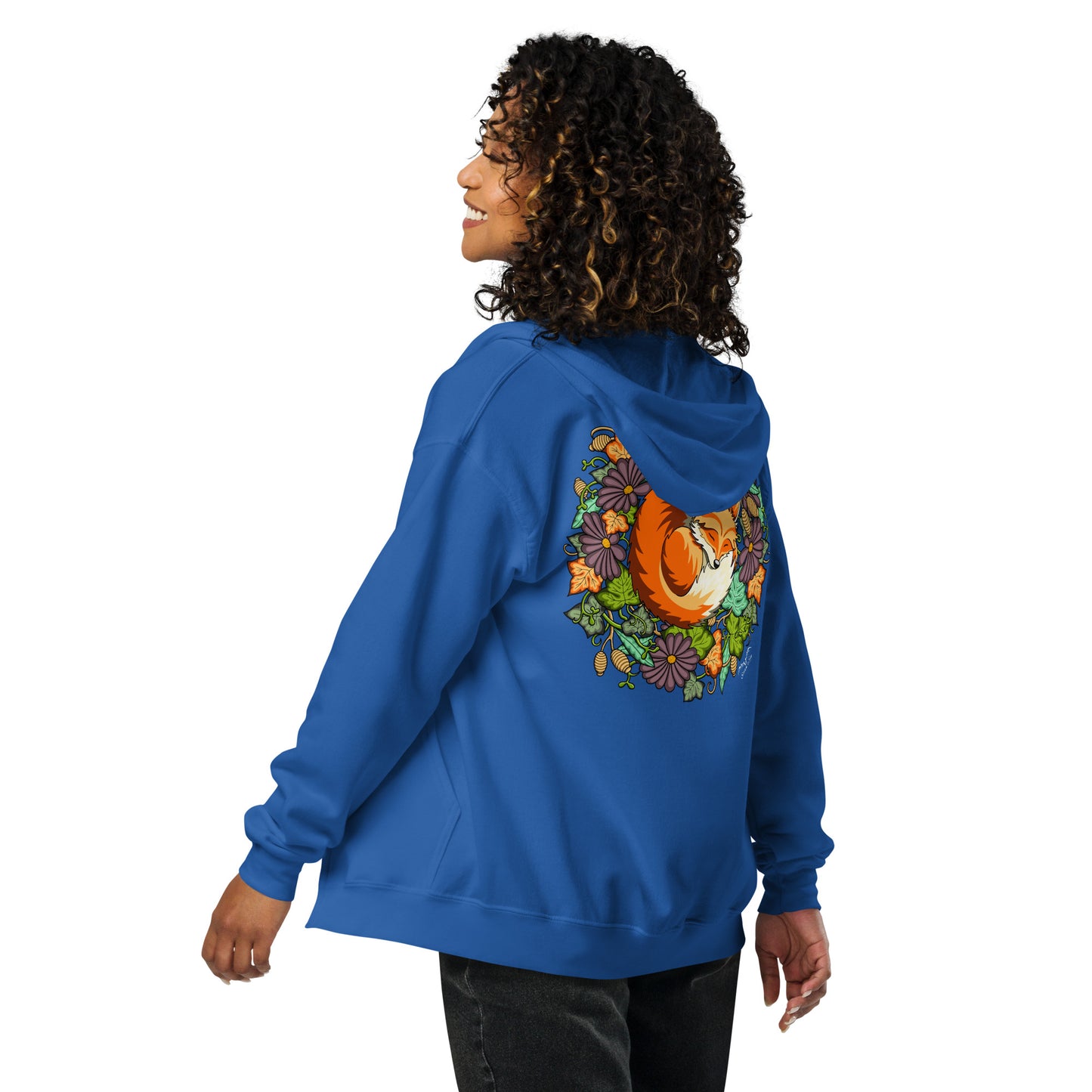sleeping fox zip hoodie by stormseye design, royal blue, back view