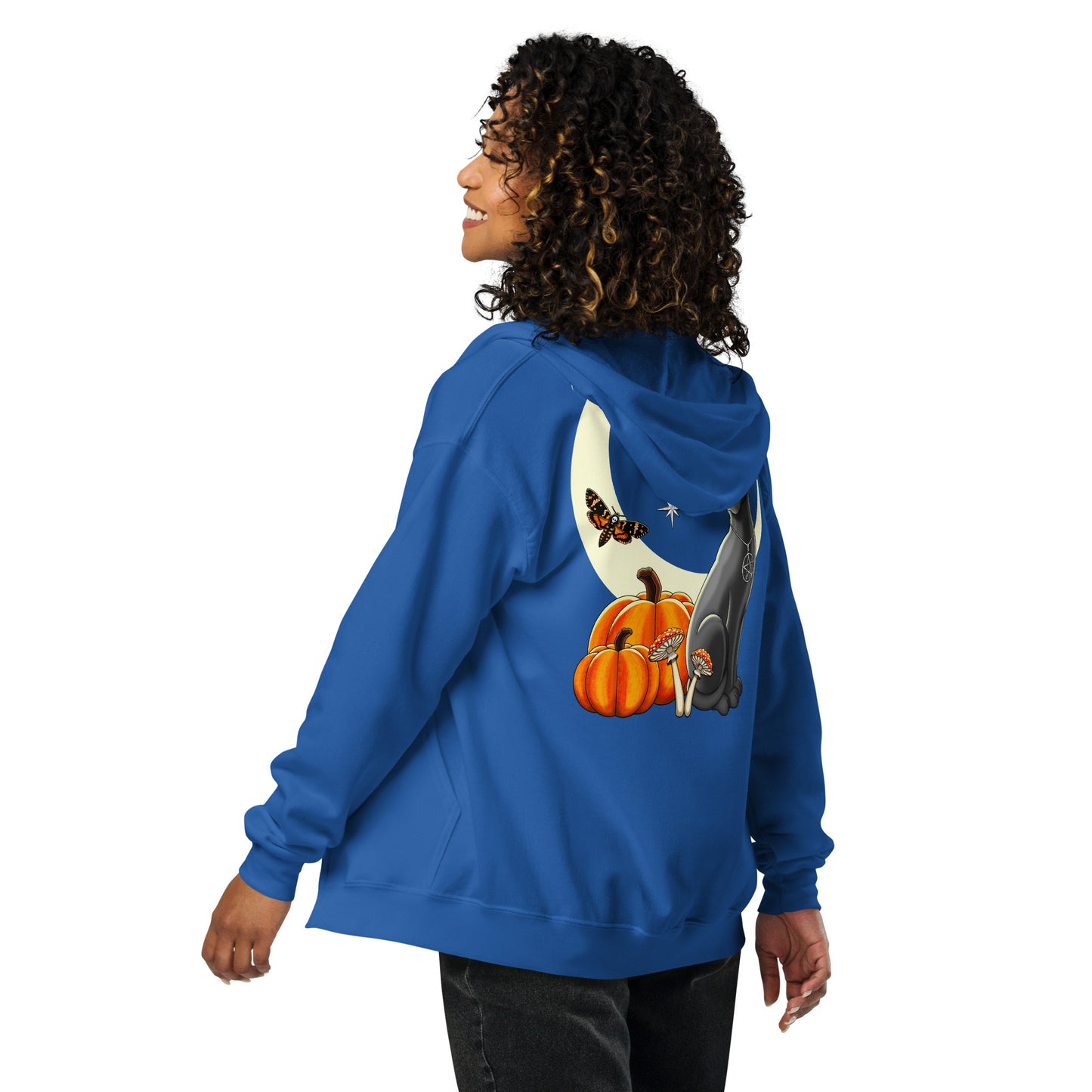 witch's cat back print zip hoodie by stormseye design, royal blue, back view