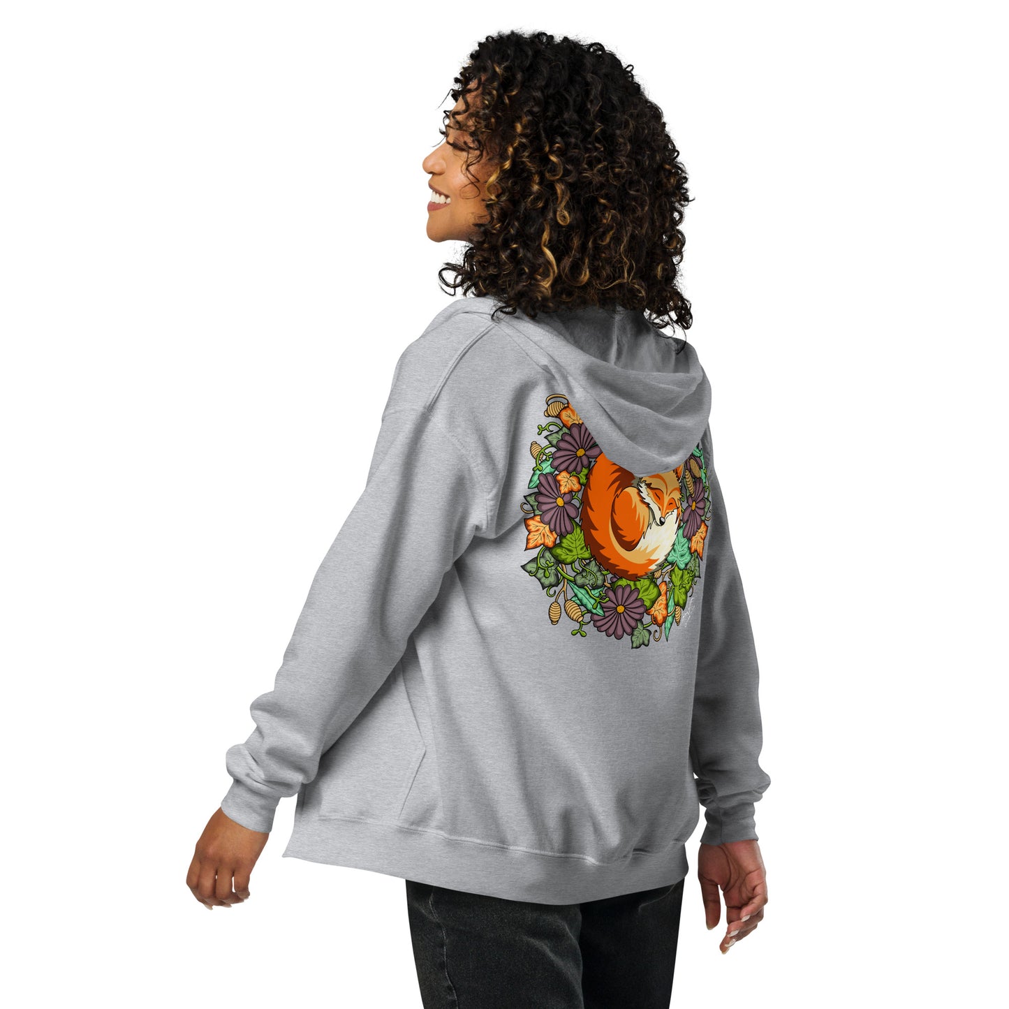 sleeping fox zip hoodie by stormseye design, sports grey, back view
