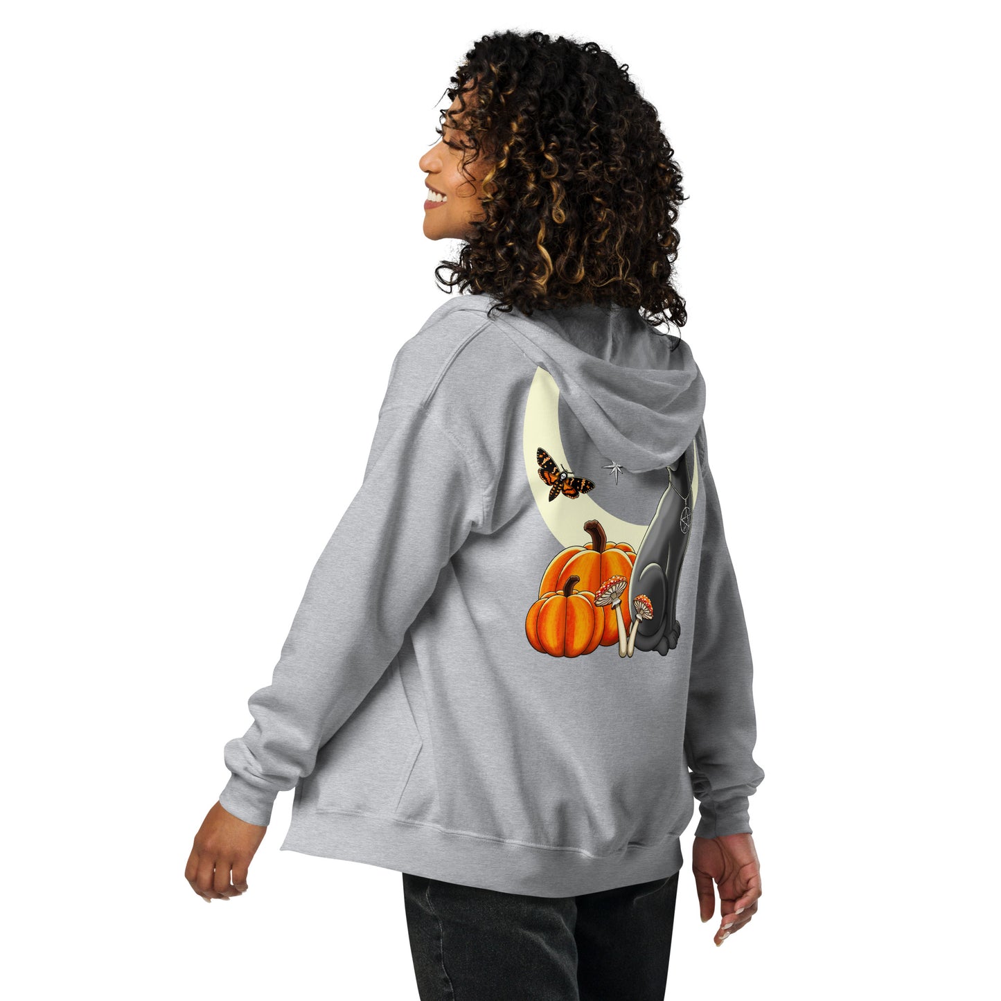 witch's cat back print zip hoodie by stormseye design, sports grey, back view