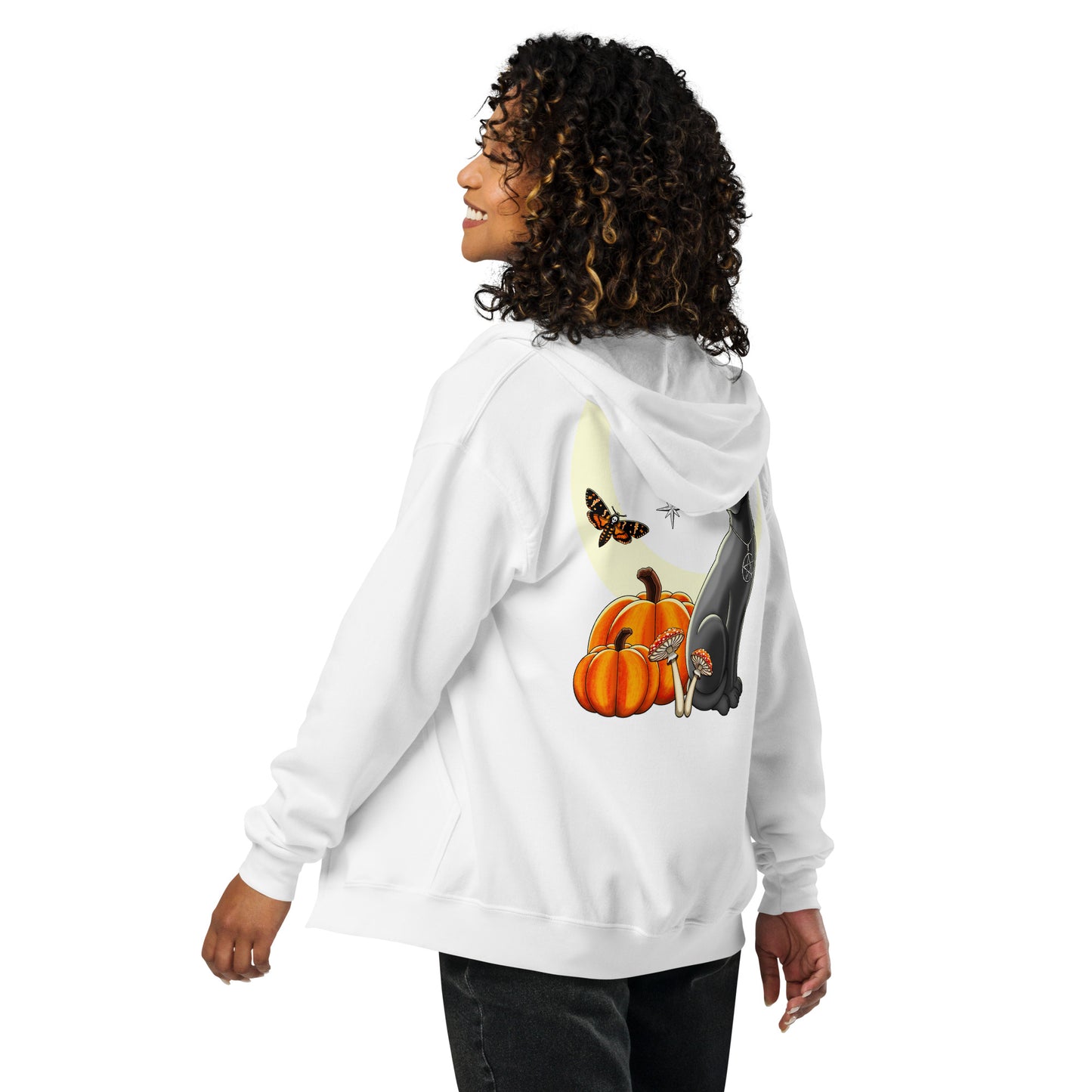 witch's cat back print zip hoodie by stormseye design, white, back view