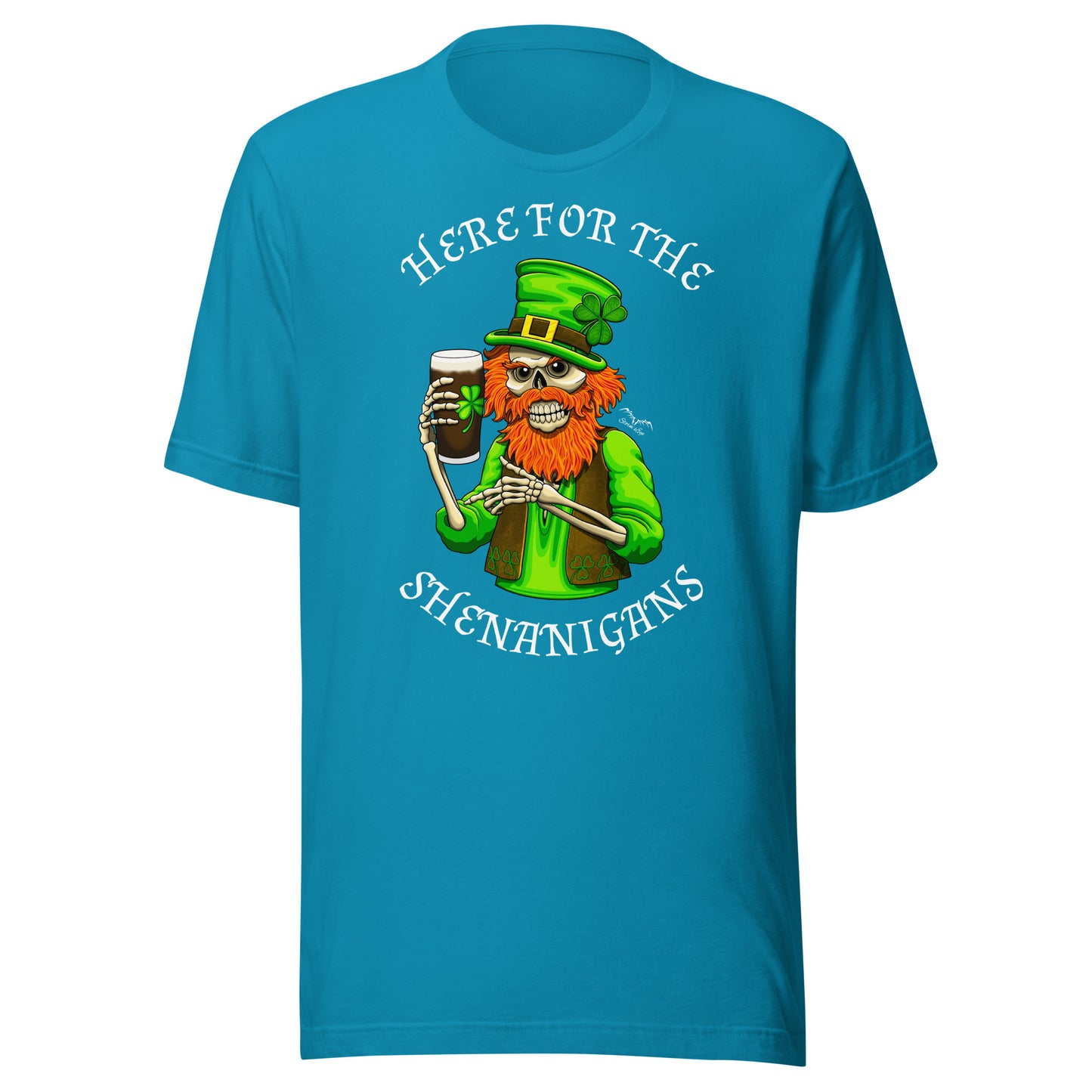 stormseye design st patricks day shenanigans T shirt, flat view bright blue