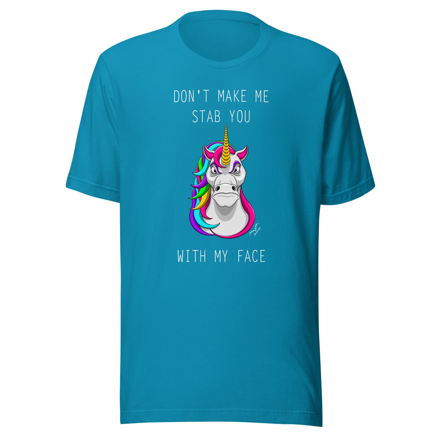 Funny Stabby Unicorn t-shirt bright blue, by Stormseye Design