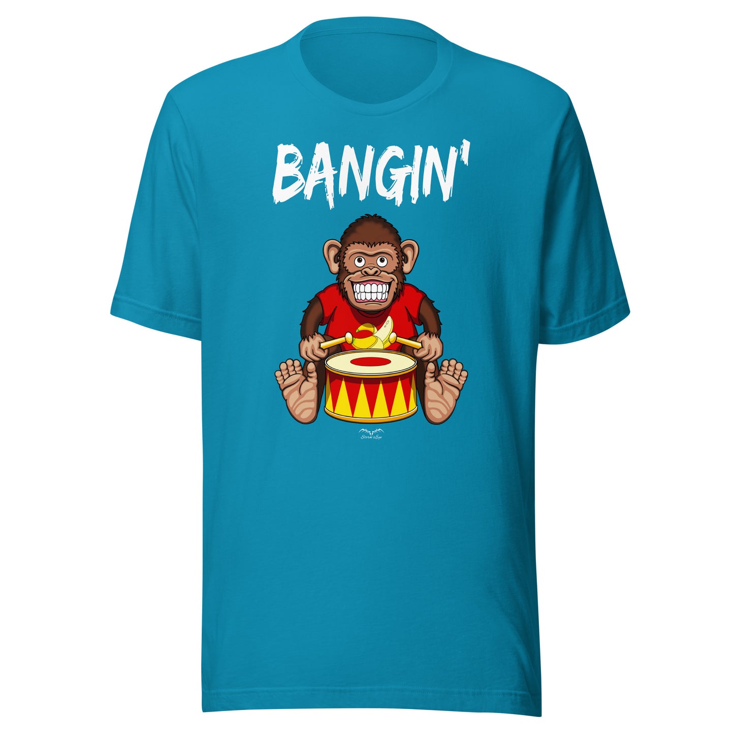 Bangin drummer monkey t-shirt, bright blue, by Stormseye Design