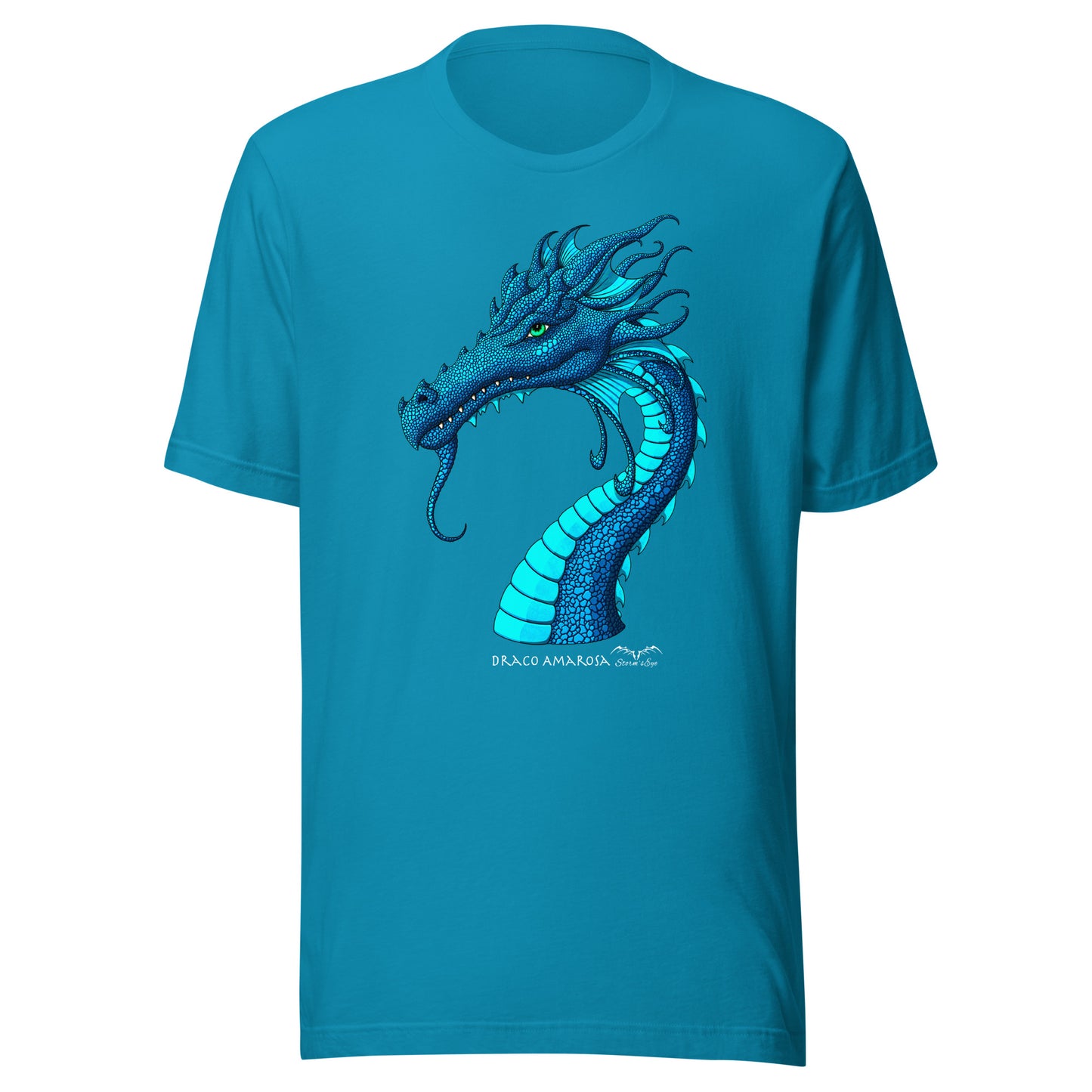 stormseye design amarosa dragon T shirt, flat view bright blue