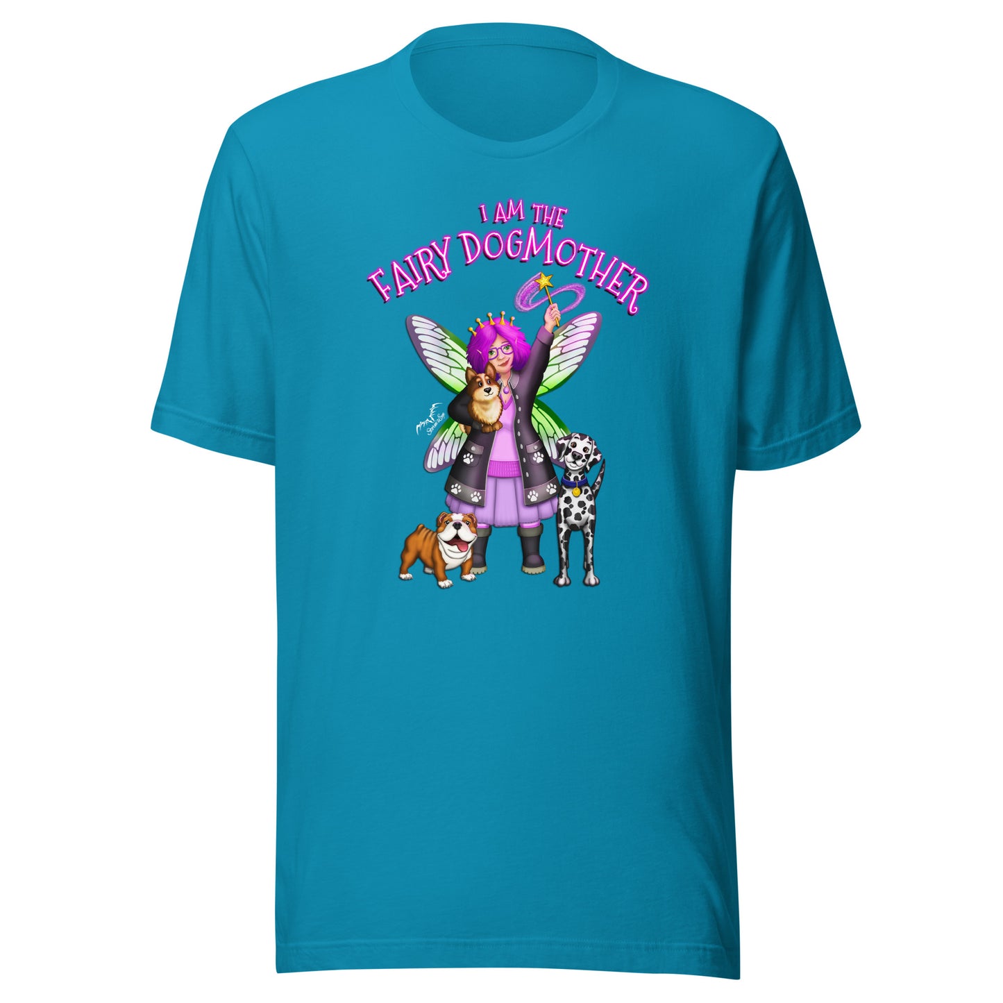 stormseye design fairy dog mother T shirt, flat view bright blue