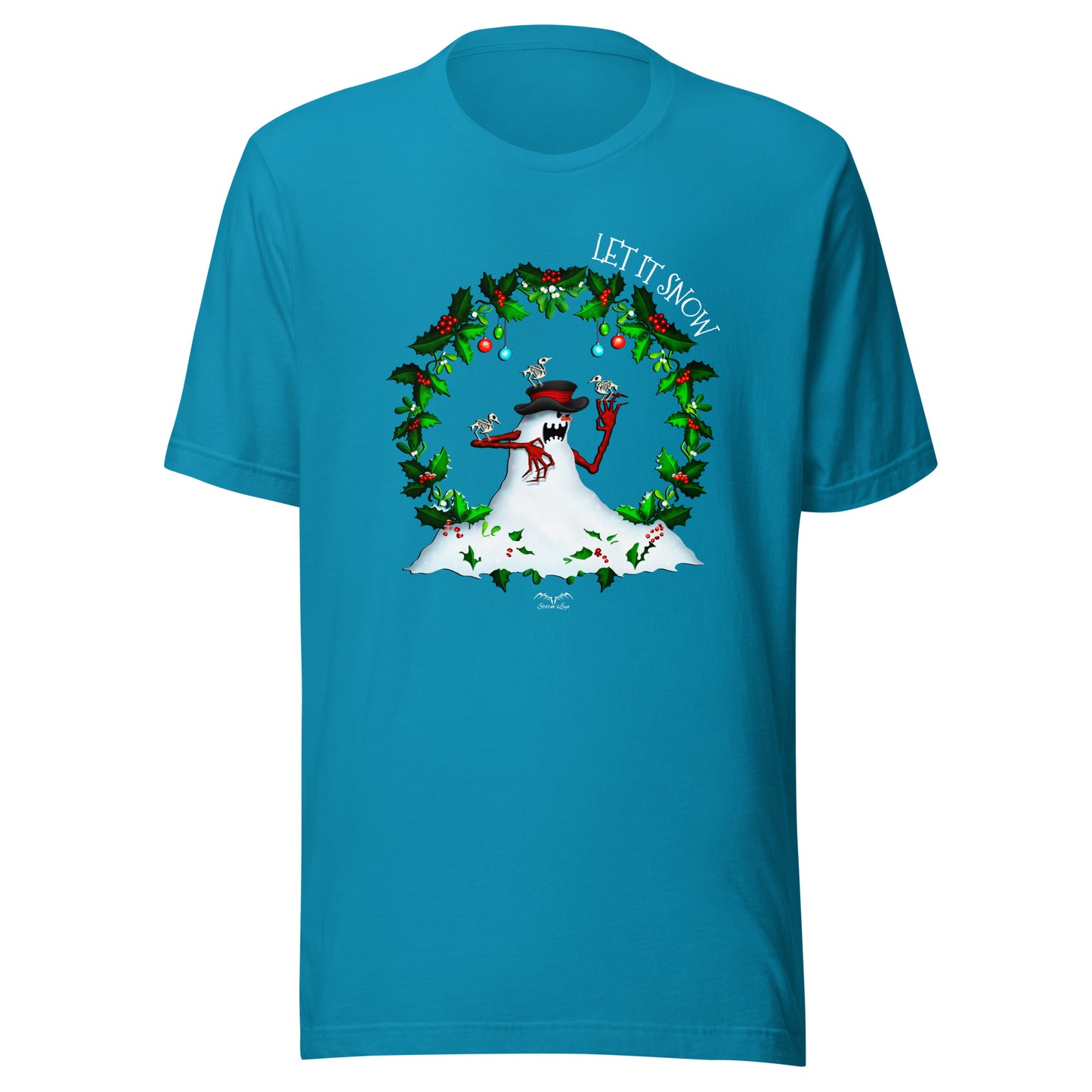 stormseye design evil snowman alternative christmas T shirt, flat view bright blue