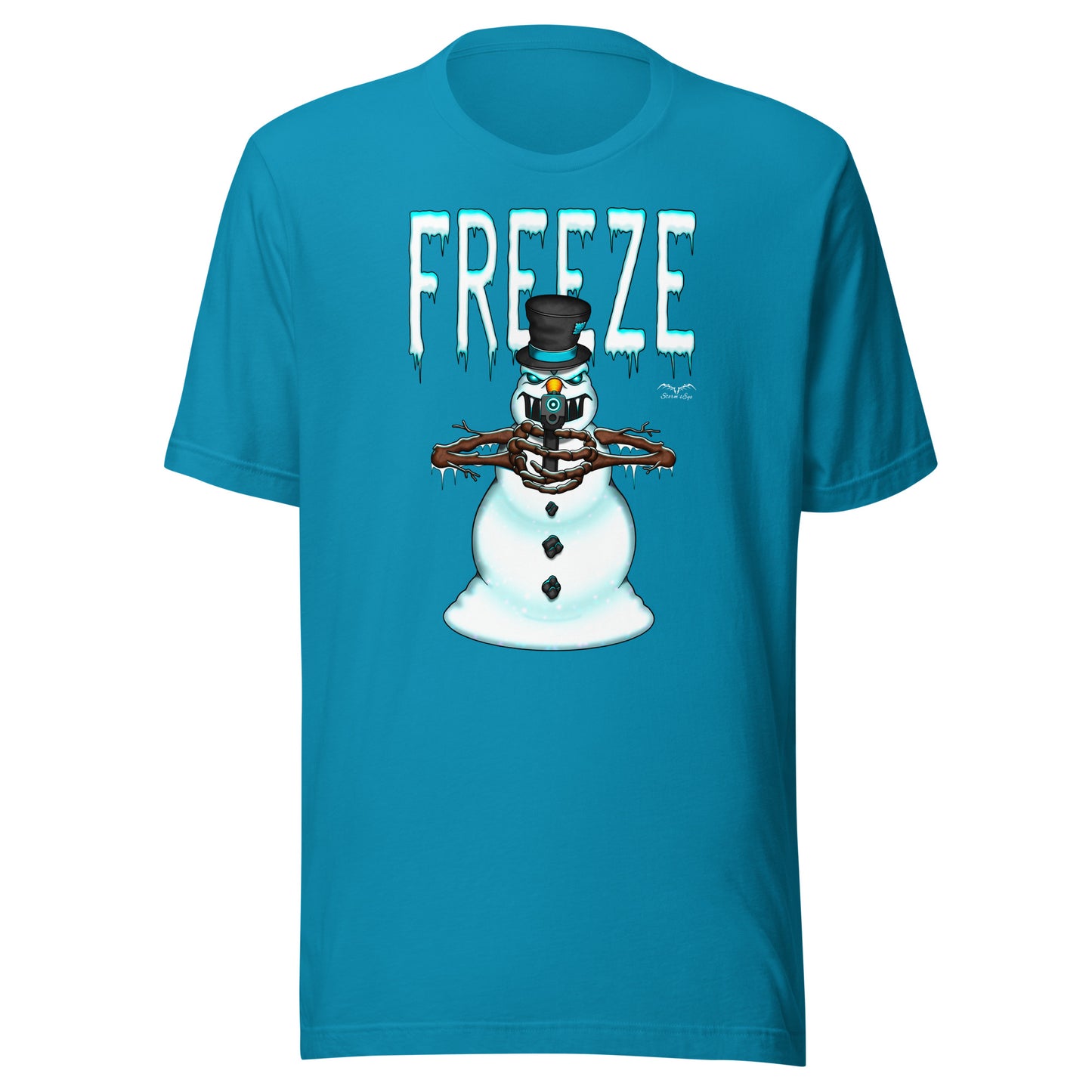 stormseye design mr freeze alternative christmas T shirt, flat view bright blue