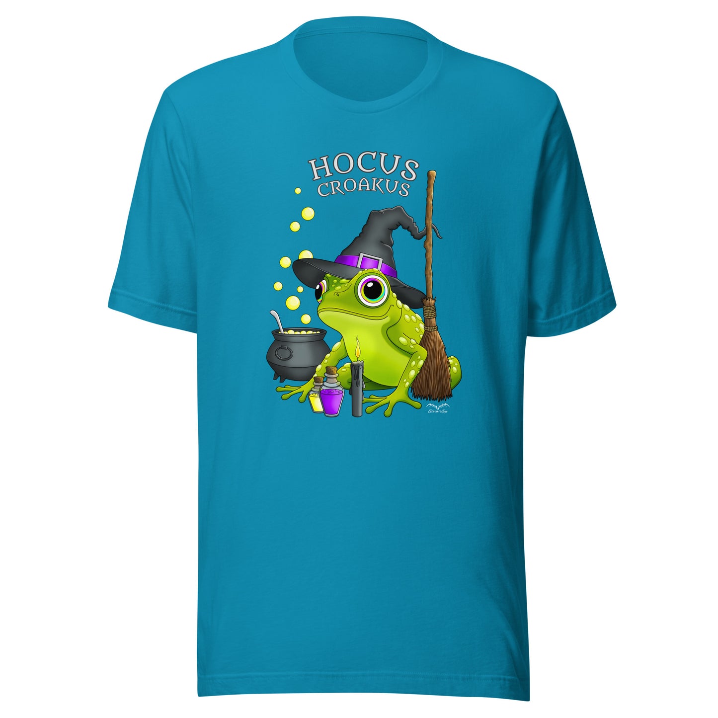 stormseye design witch frog hocus croakus T shirt, flat view bright blue