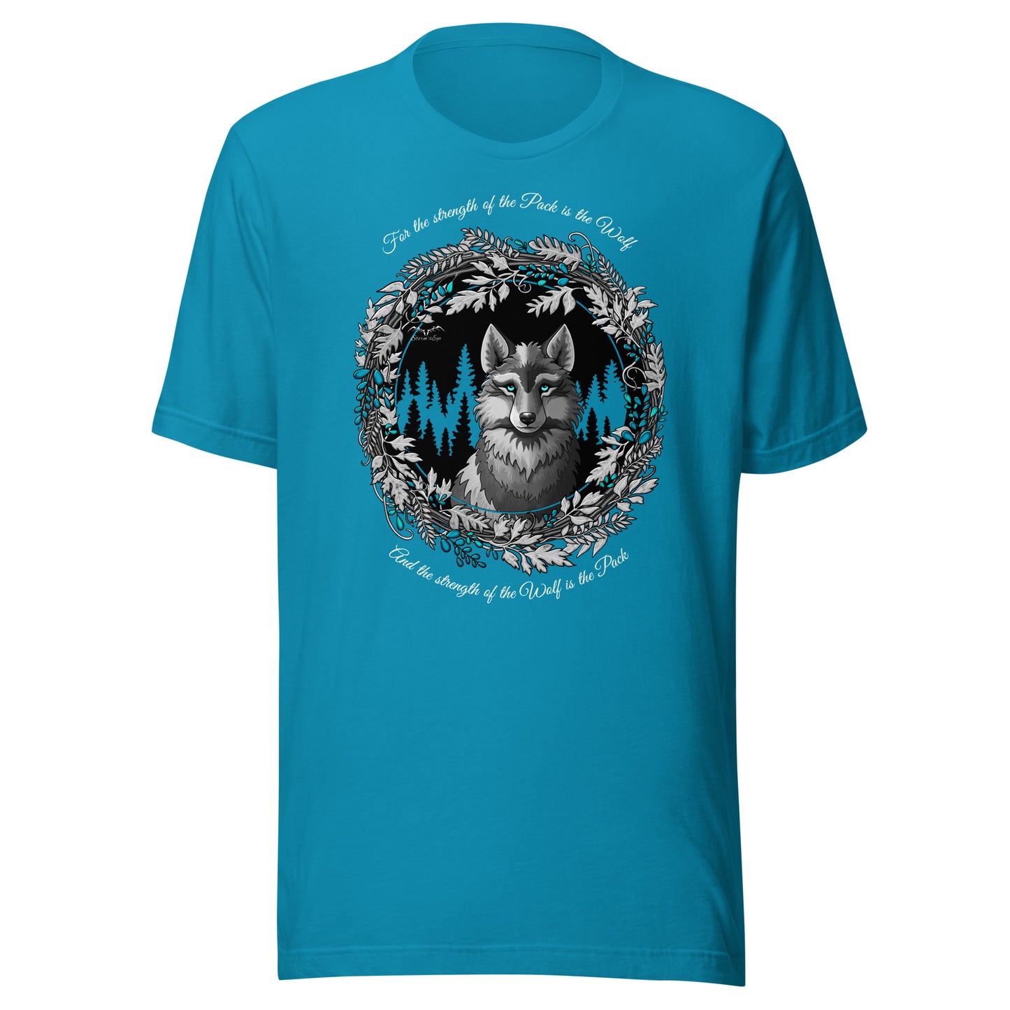 Stormseye Design silver winter wolf T shirt flat view bright blue