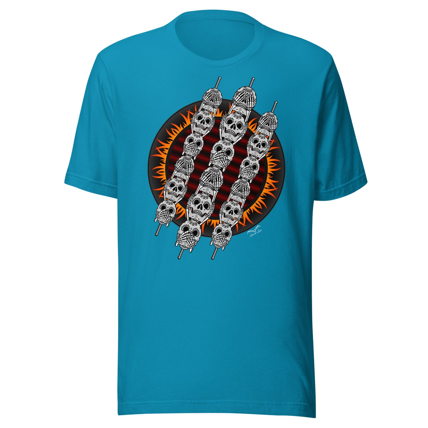 stormseye design skewer skulls gothic BBQ T shirt, modelled view bright blue