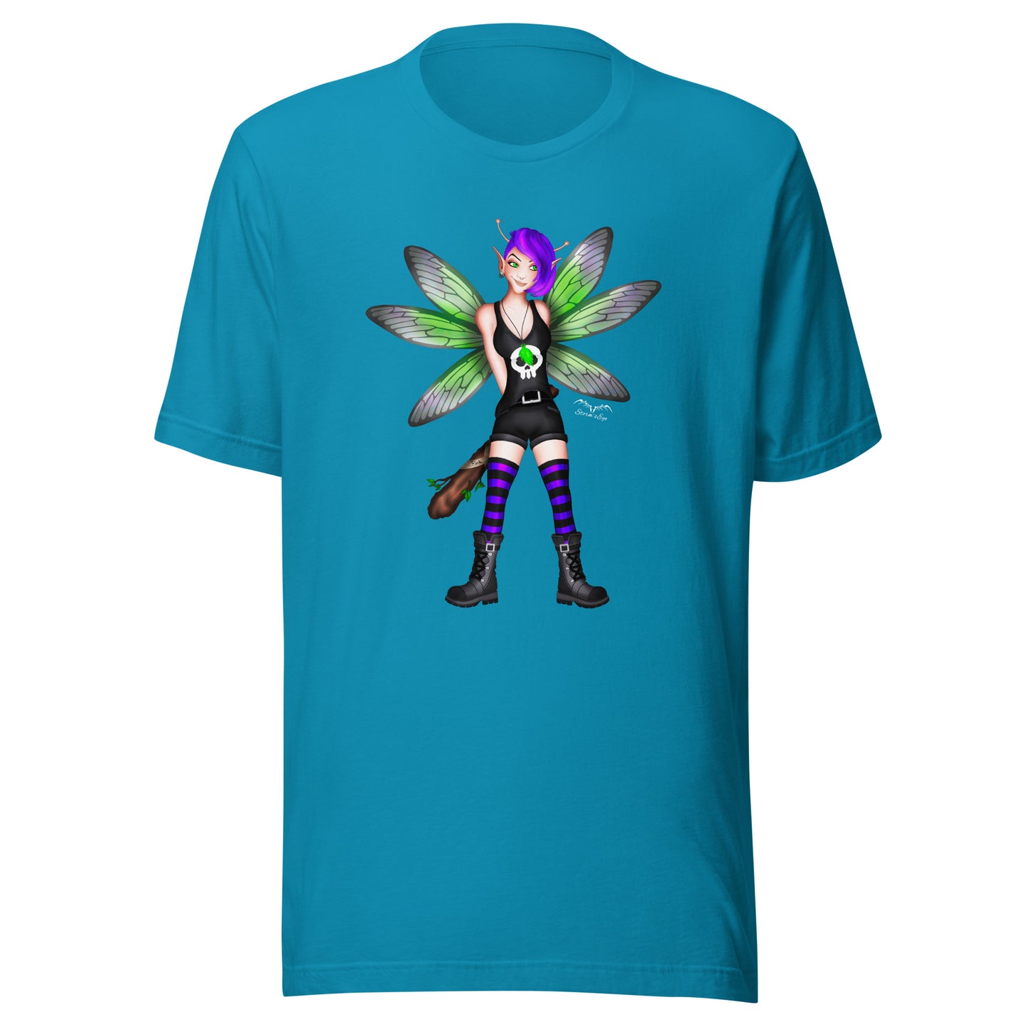 stormseye design rocker fairy fink T shirt, flat view bright blue
