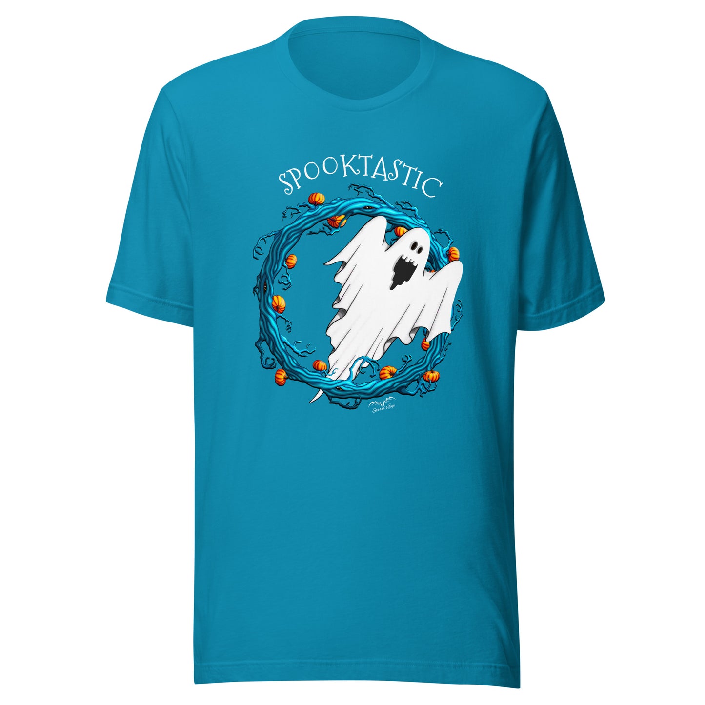 stormseye design halloween ghost spooktastic T shirt flat view bright blue