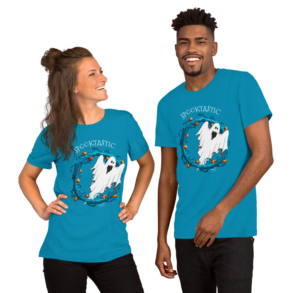 stormseye design halloween ghost spooktastic T shirt modelled view bright blue