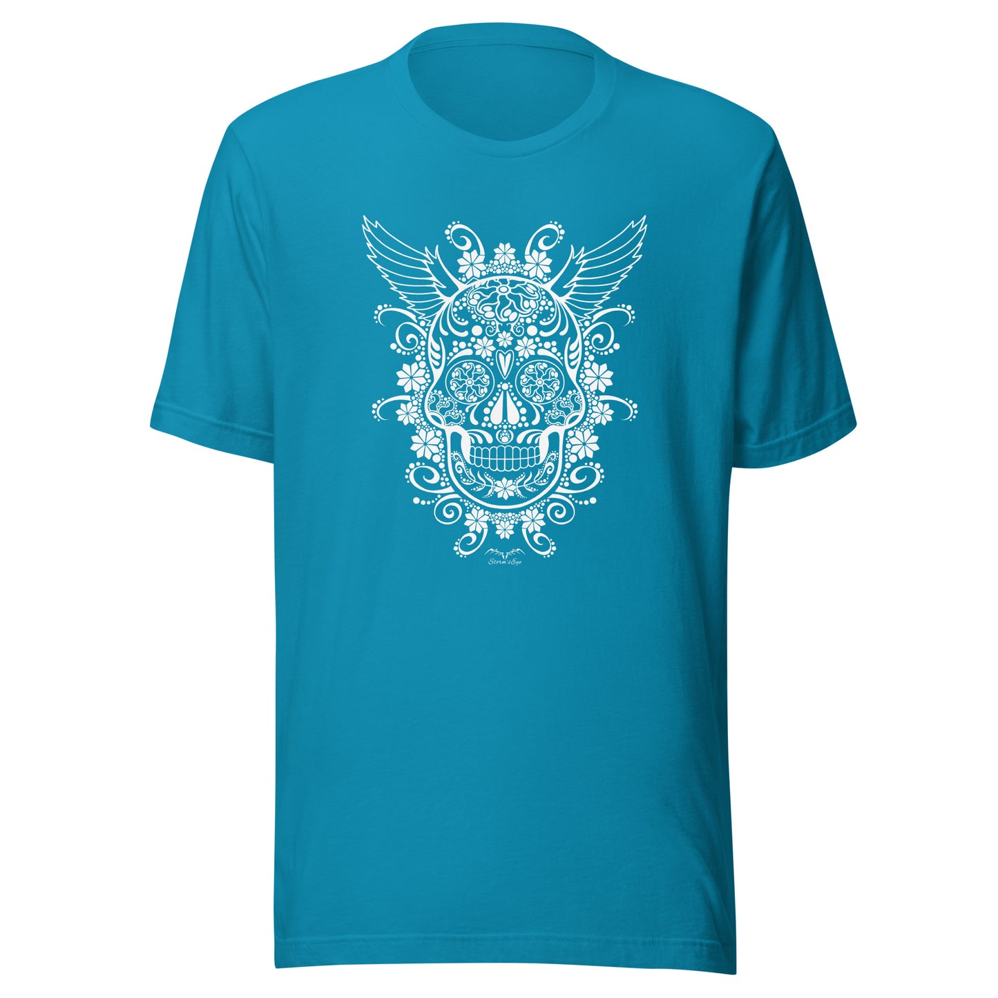 stormseye design gothic sugar skull T shirt flat view bright blue