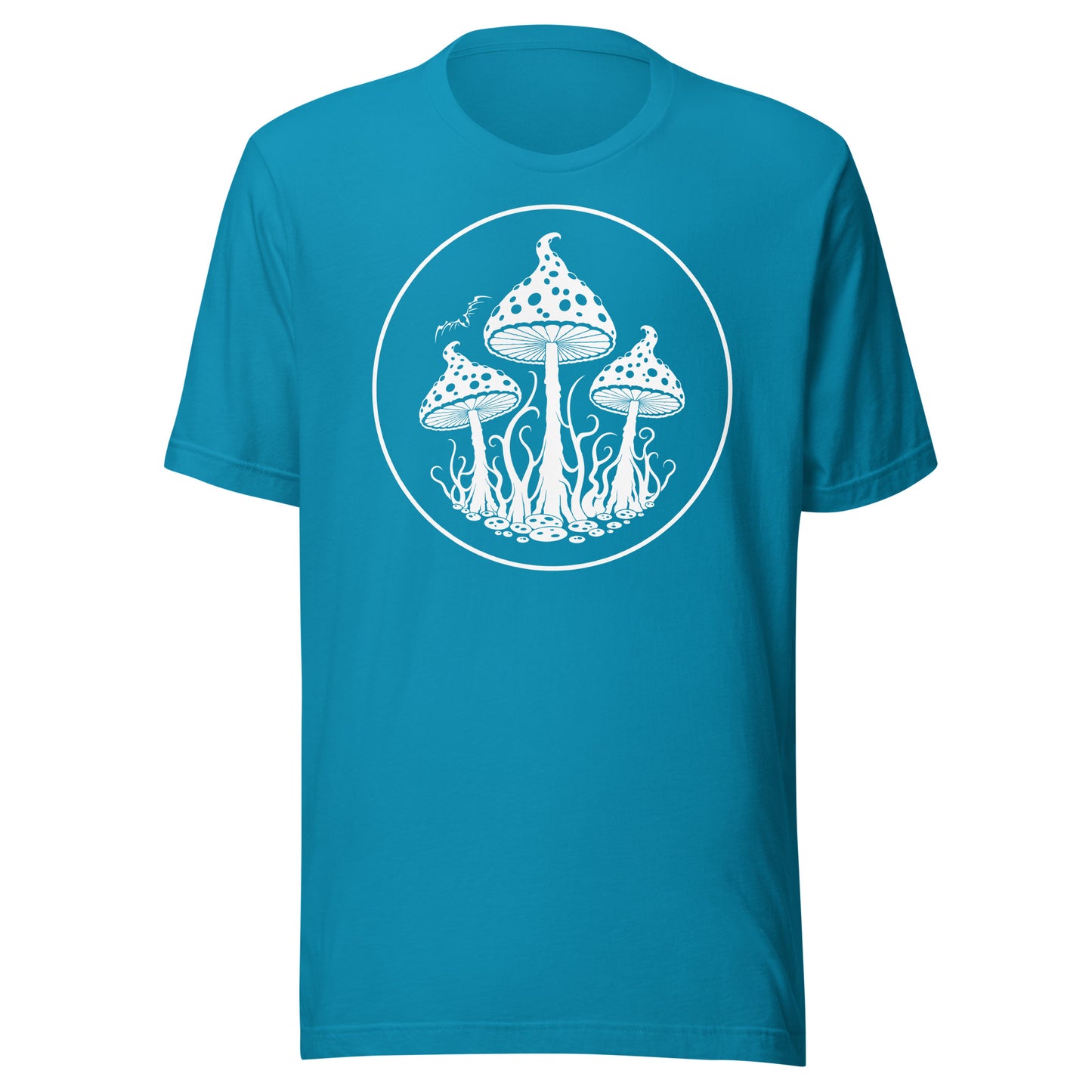 stormseye design trippy mushrooms T shirt, flat view bright blue