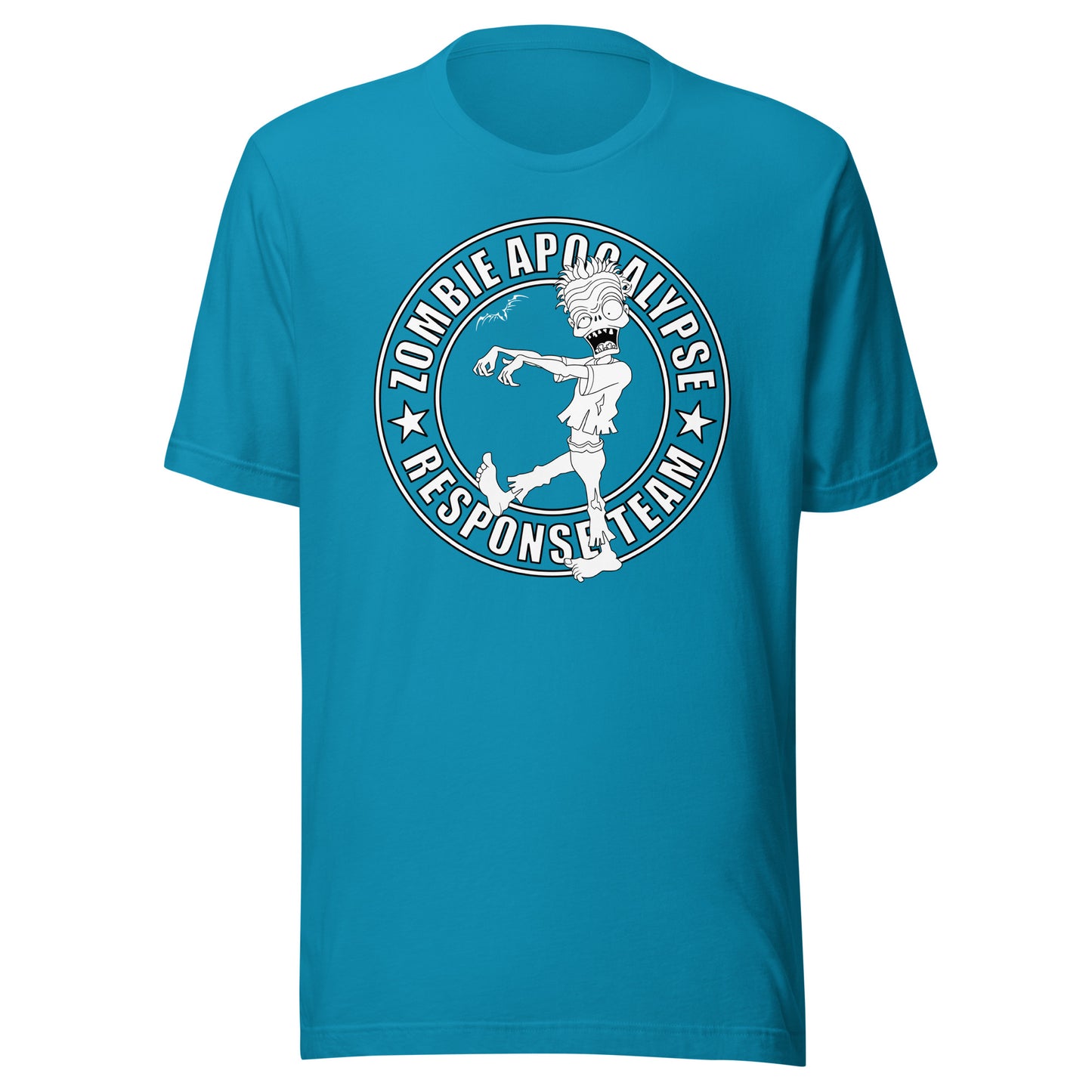 stormseye design zombie apocalypse T shirt, flat view bright blue
