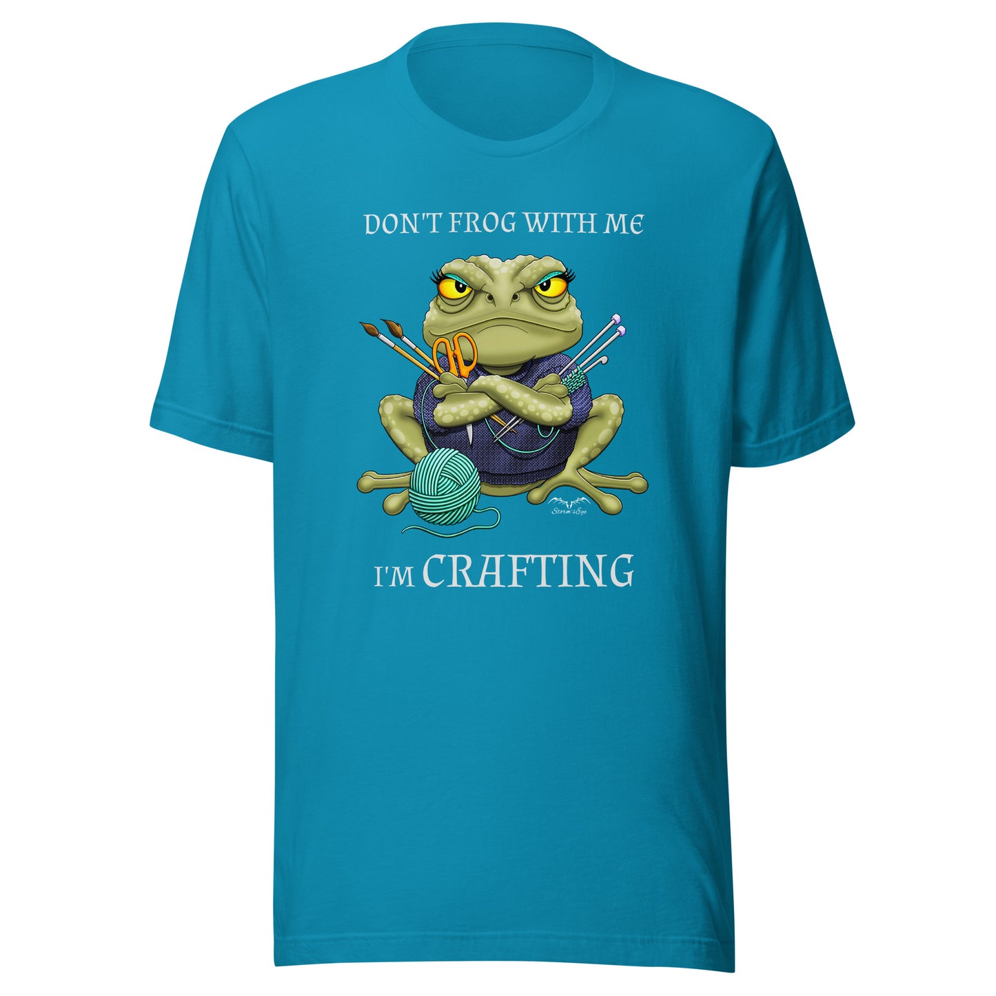 stormseye design crafting frog T shirt, flat view bright blue