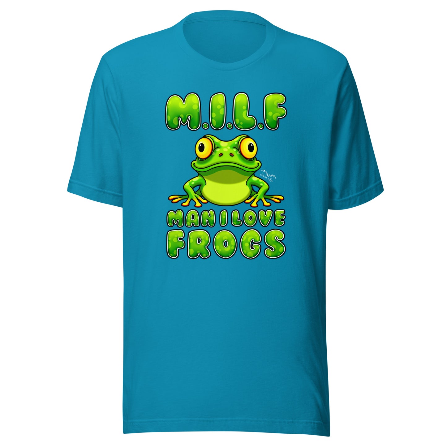 stormseye design milf man i love frogs T shirt, flat view bright blue