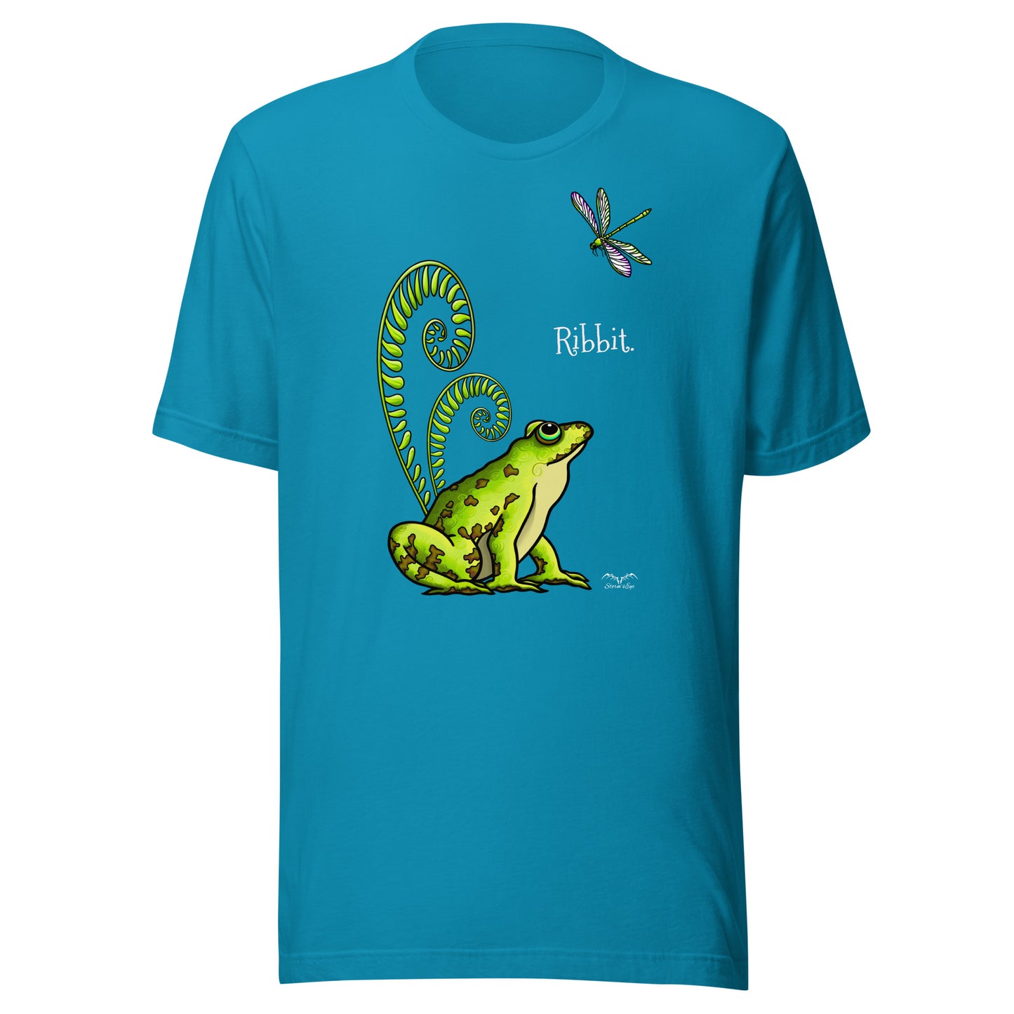 stormseye design pretty frog dragonfly T shirt, flat view bright blue