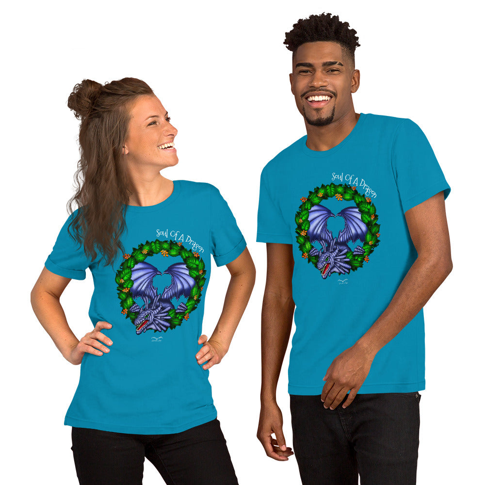 stormseye design soul of a dragon fantasy T shirt, modelled view bright blue