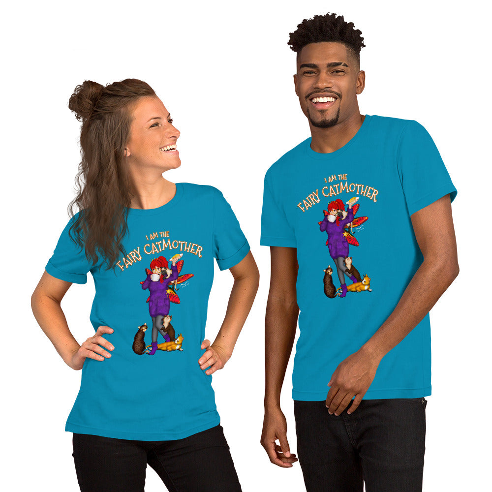 Fairy Cat mother shirt by Stormseye, bright blue, modelled view
